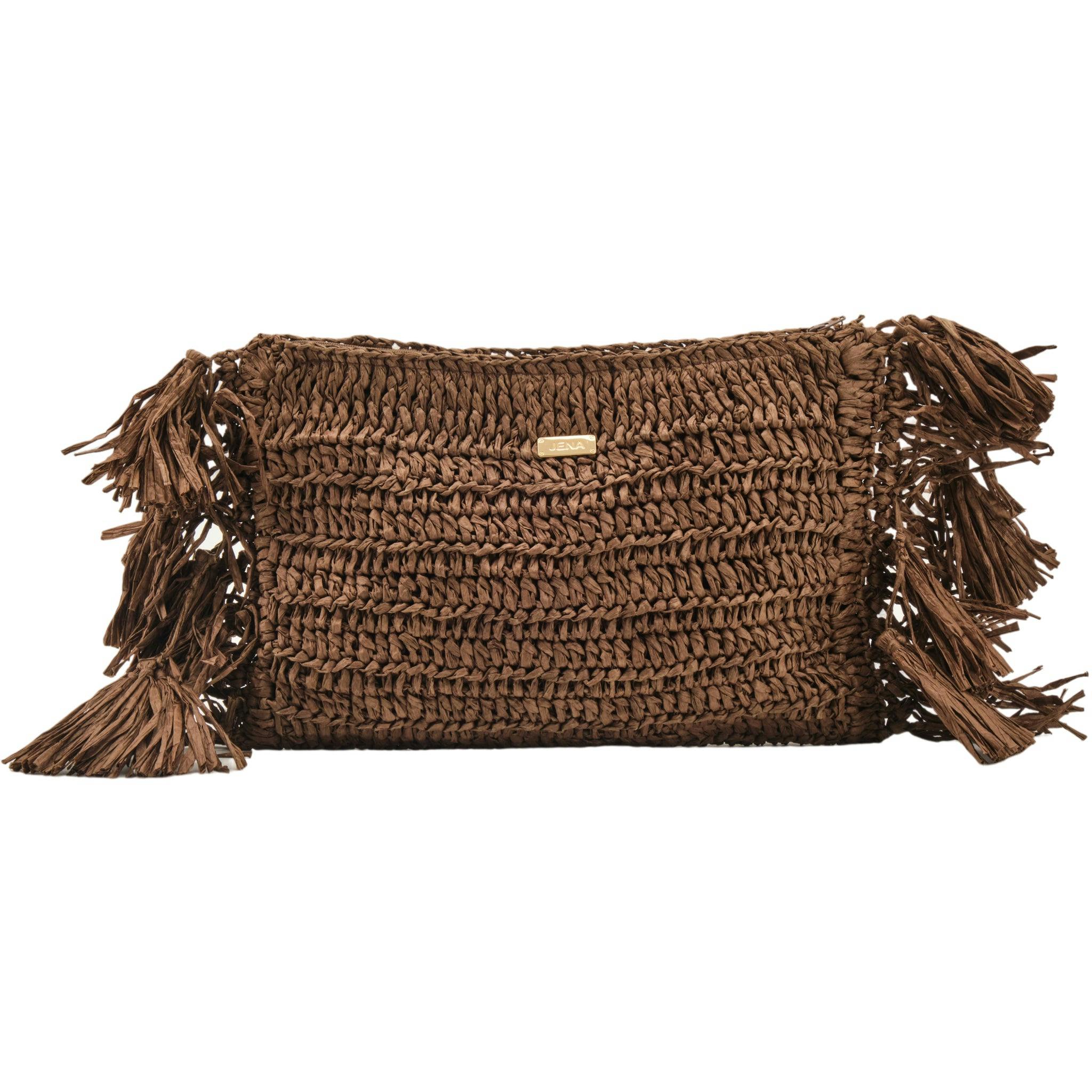 Thumbnail preview #1 for Coffee Brown Raffia Clutch with Tassels