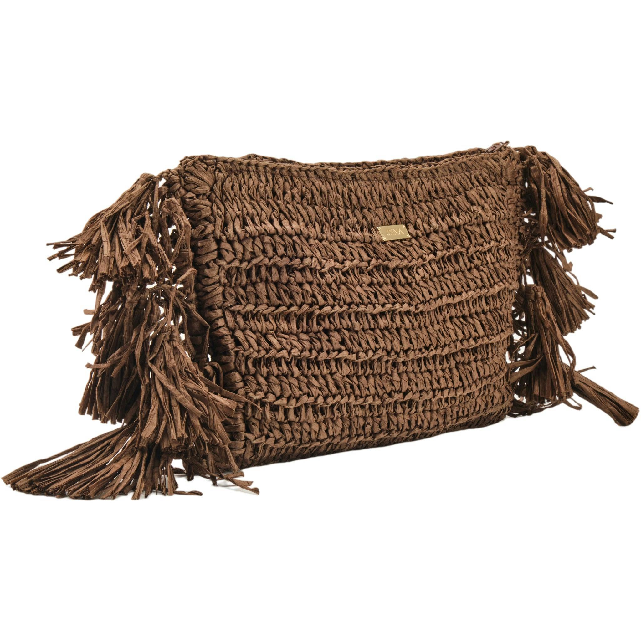 Thumbnail preview #2 for Coffee Brown Raffia Clutch with Tassels