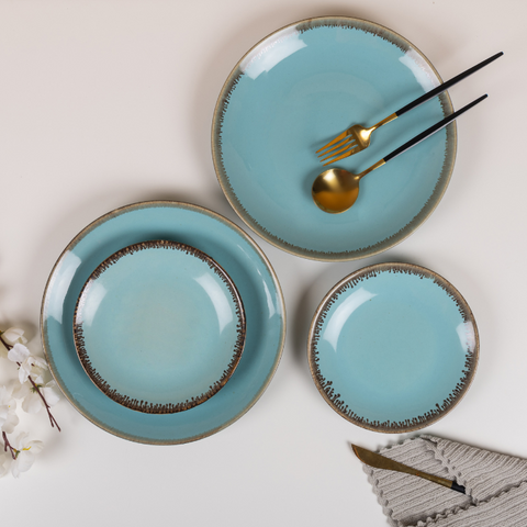 Thumbnail preview #2 for Blue Color Dinner Set with Brown Drops Border - Set of 12