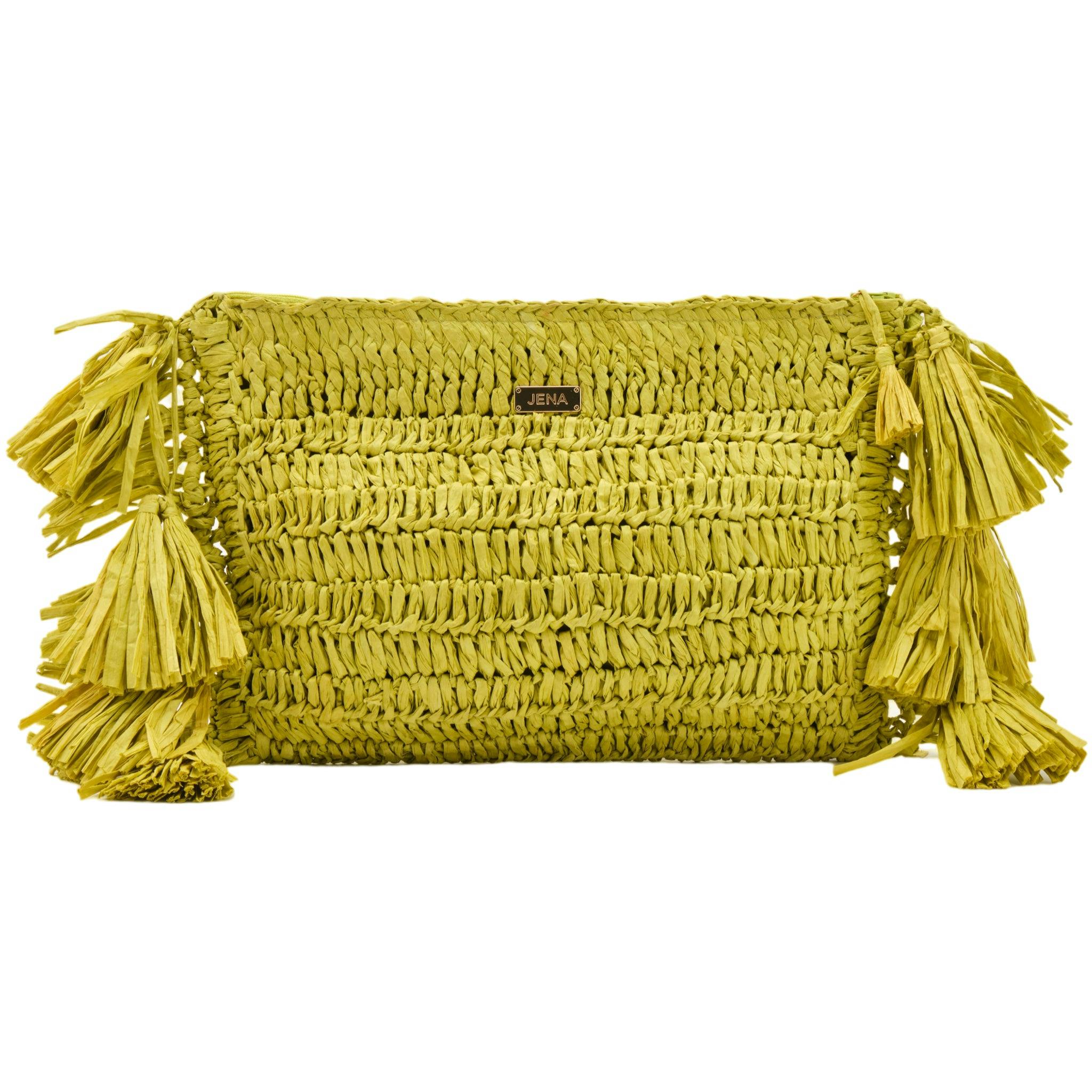 Thumbnail preview #1 for Lime Green Raffia Clutch with Tassels