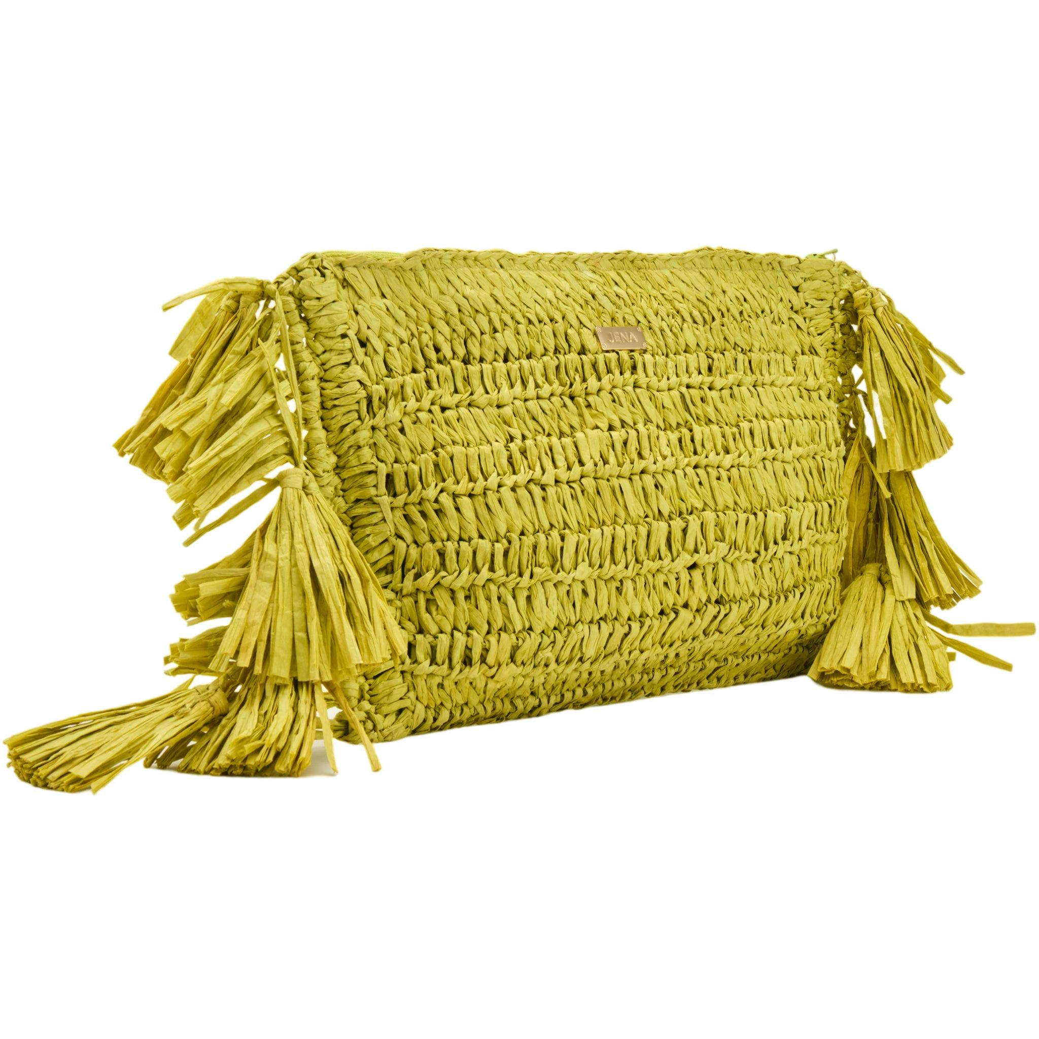 Thumbnail preview #2 for Lime Green Raffia Clutch with Tassels