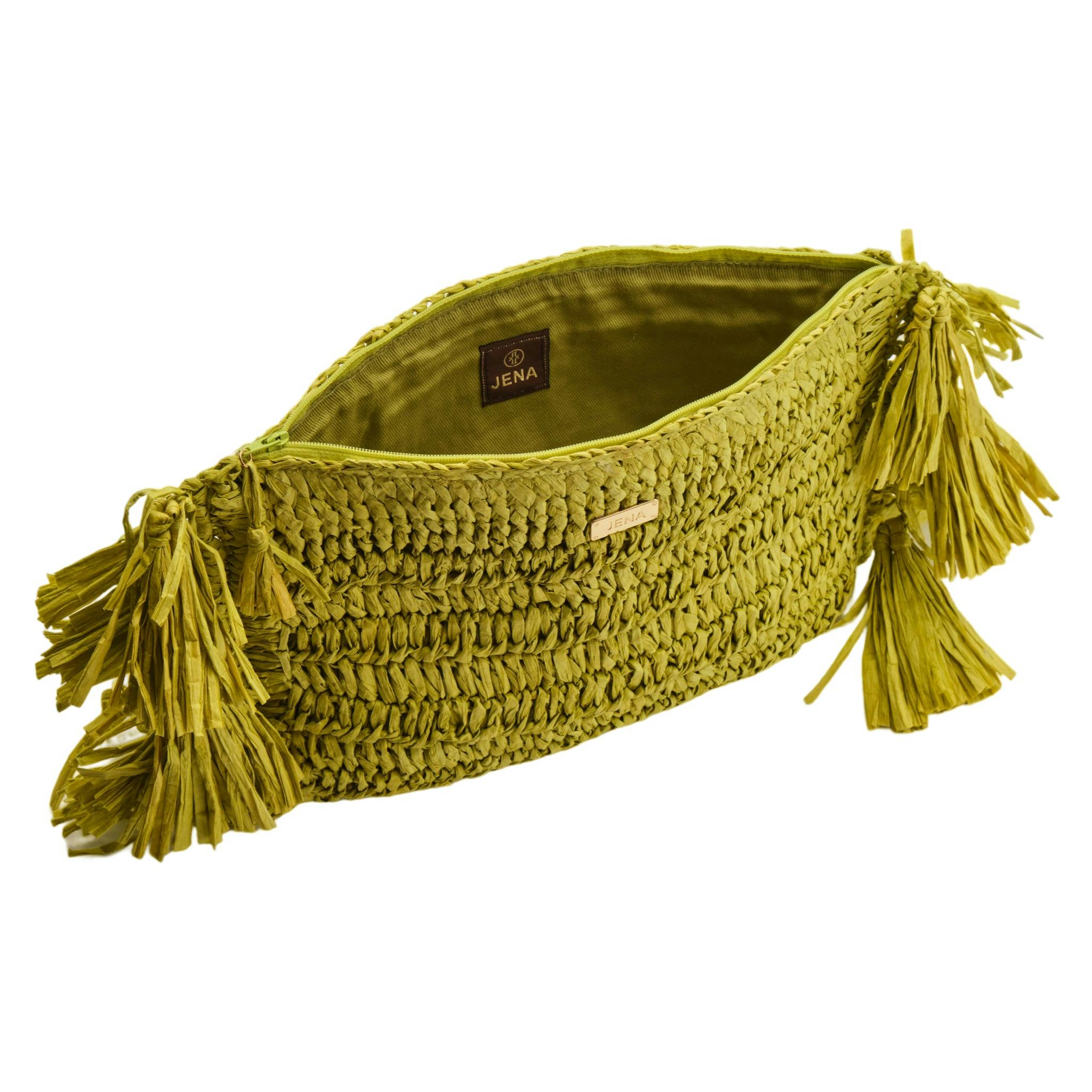 Thumbnail preview #4 for Lime Green Raffia Clutch with Tassels