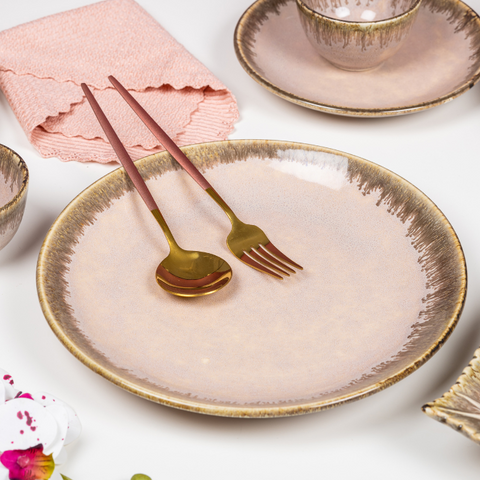 Thumbnail preview #3 for Pink Color Dinner Set with Brown Drops Border - Set of 4