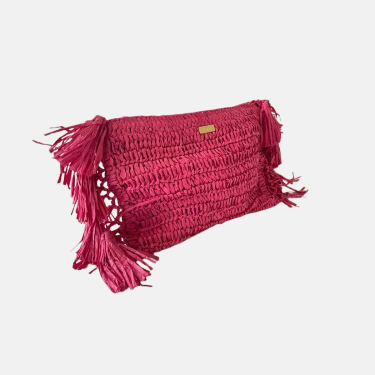 Thumbnail preview #2 for Hot Pink Raffia Clutch with Tassels