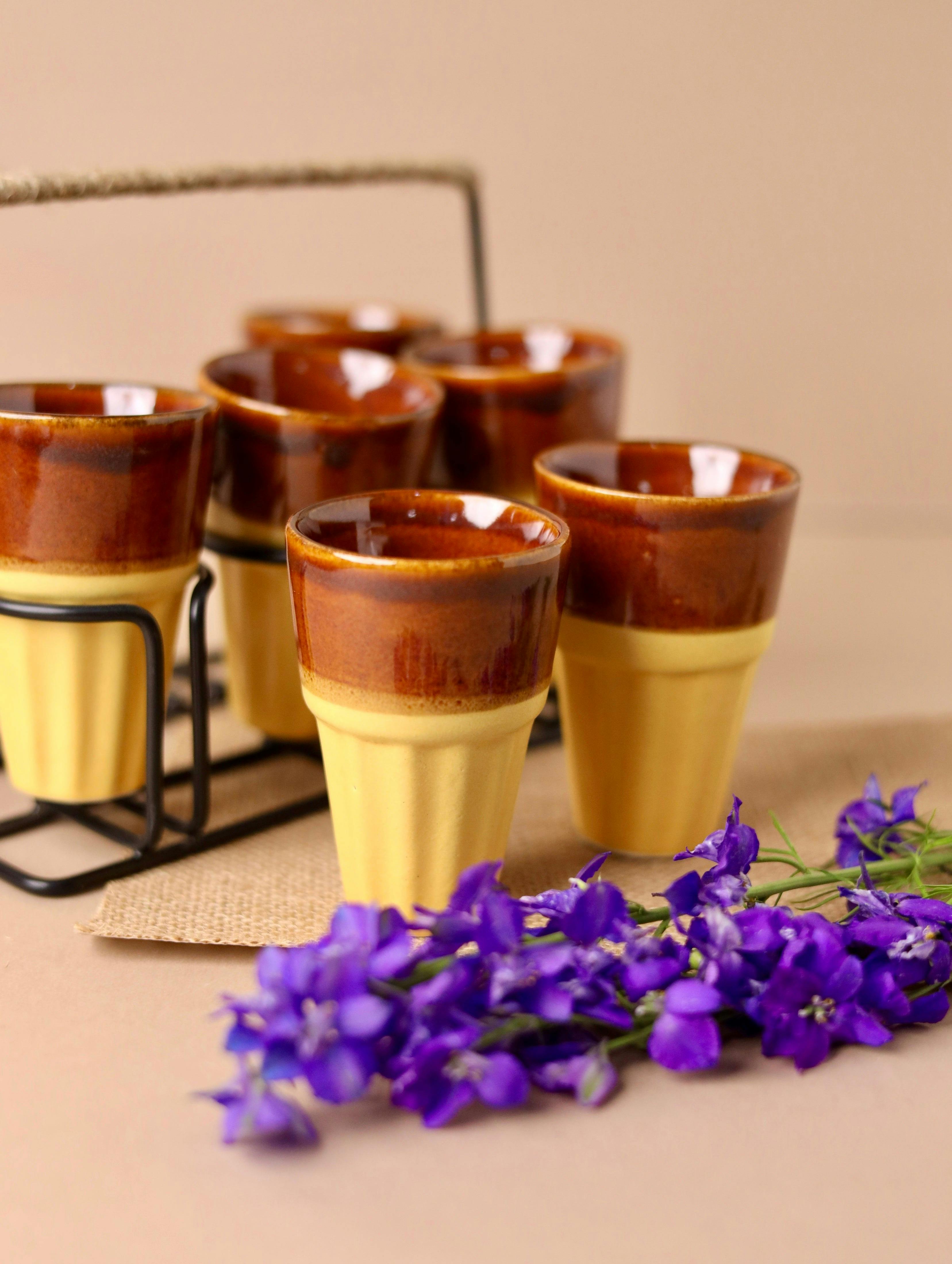 Thumbnail preview #0 for 6 Chai Glasses with Stand - Yellow and Brown