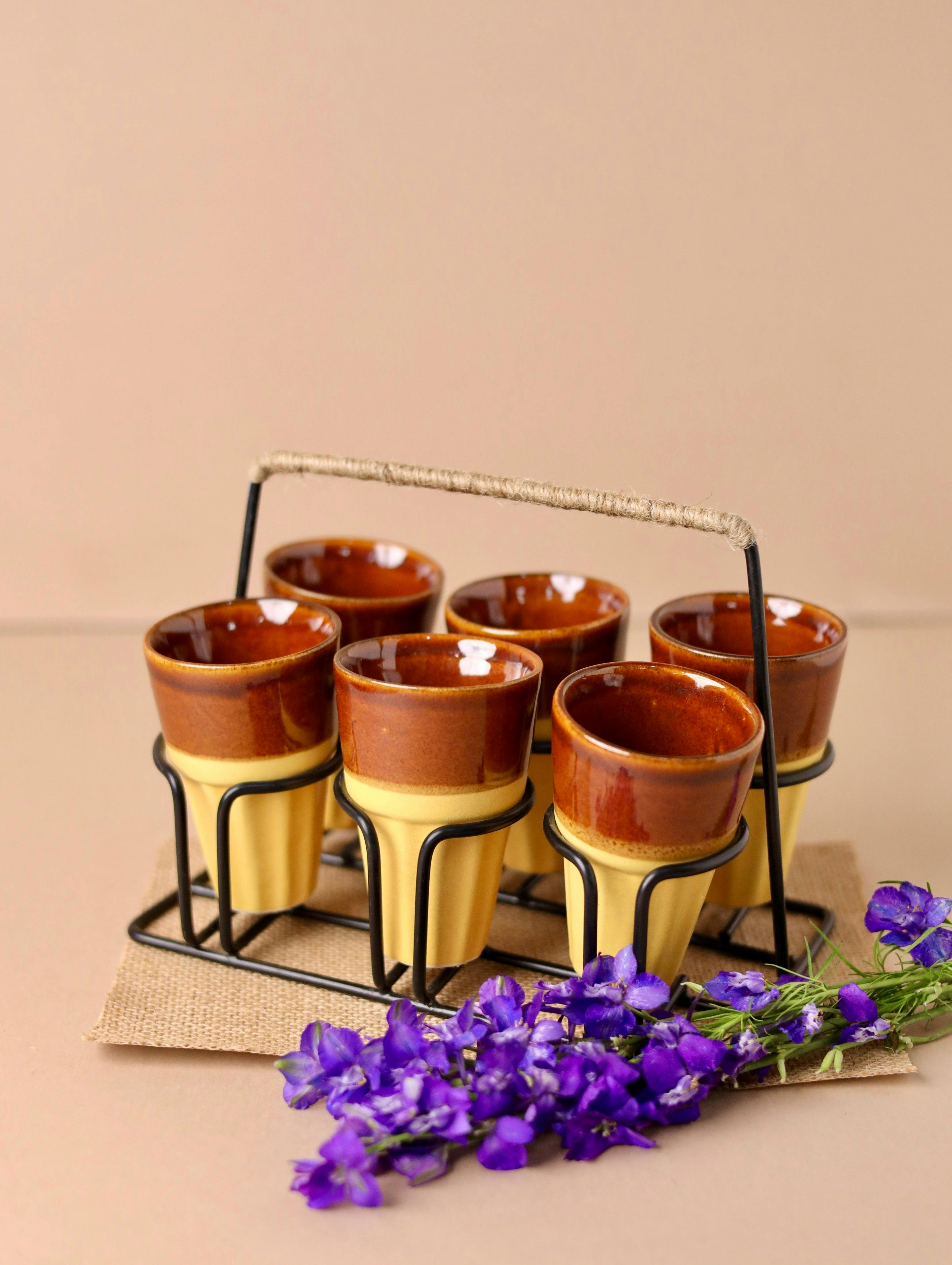 Thumbnail preview #1 for 6 Chai Glasses with Stand - Yellow and Brown