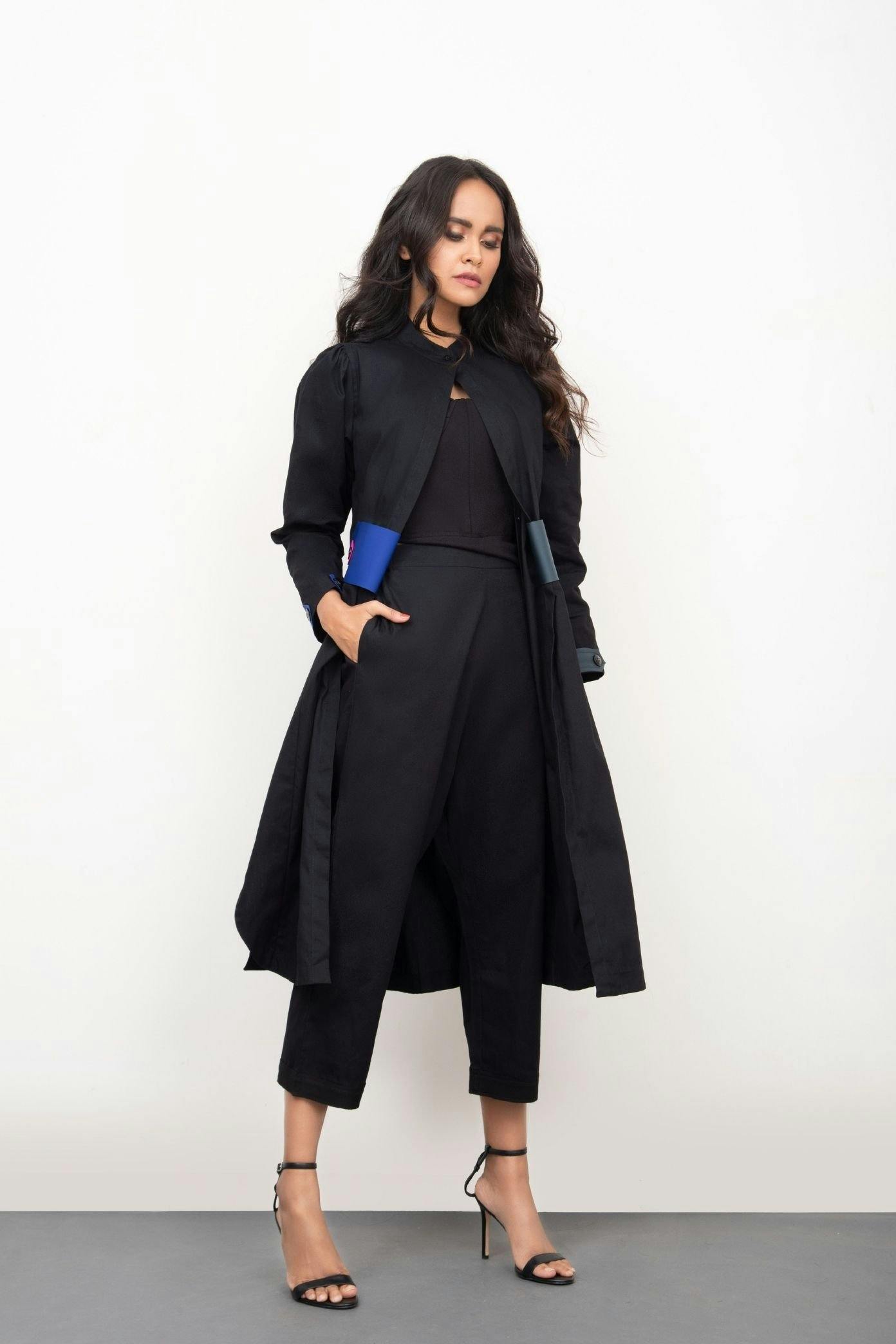 Jet black co-ord set of jacket dress and narrow pants, a product by Deepika Arora