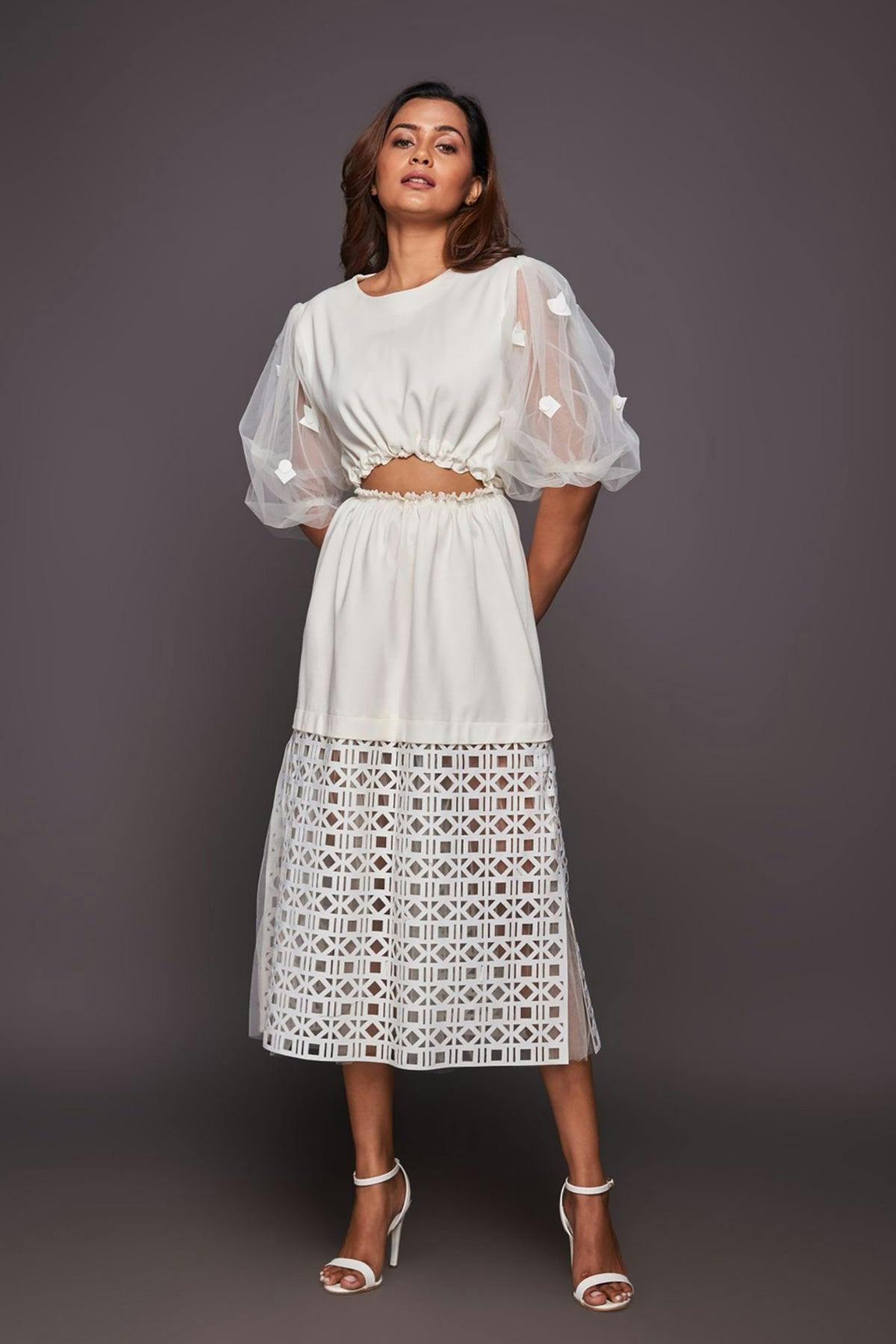G-1105-W ::: White Dress With Puffy Sleeves And Cutwork, a product by Deepika Arora