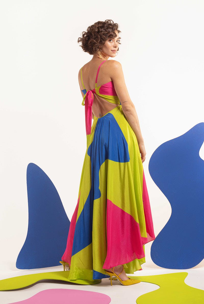 Thumbnail preview #1 for Lime-hot pink-blue Women Back tie up high low maxi  - DOPAMINE