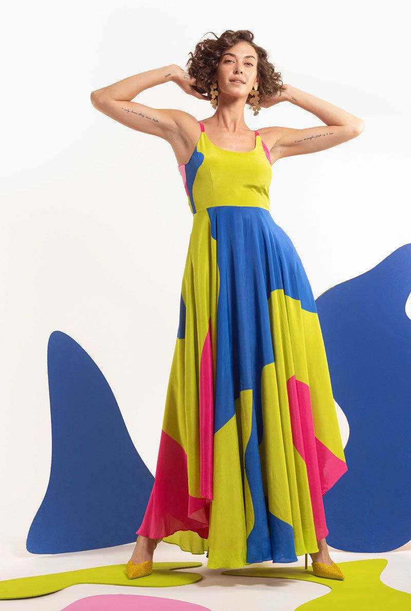 Thumbnail preview #2 for Lime-hot pink-blue Women Back tie up high low maxi  - DOPAMINE
