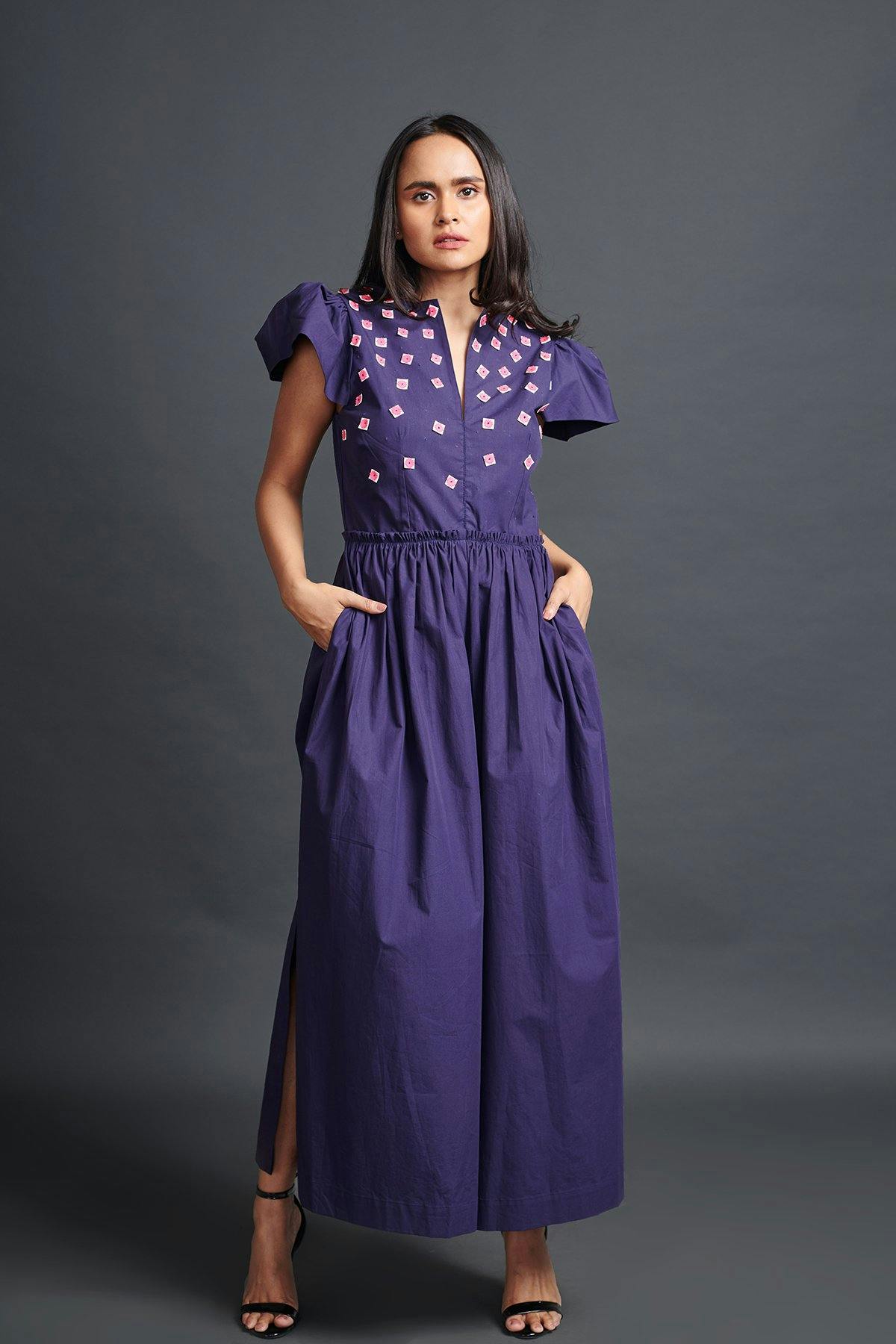 Purple jumpsuit with embroidery, a product by Deepika Arora