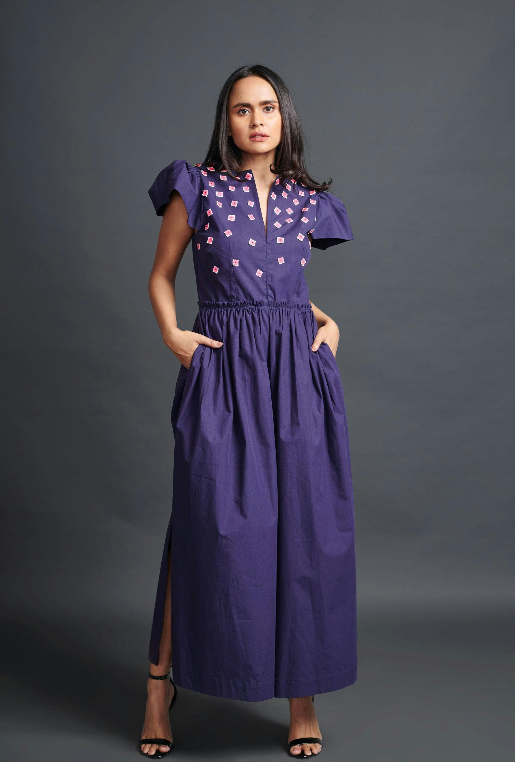 WF-1103-PURPLE ::: Purple Jumpsuit With Embroidery, a product by Deepika Arora