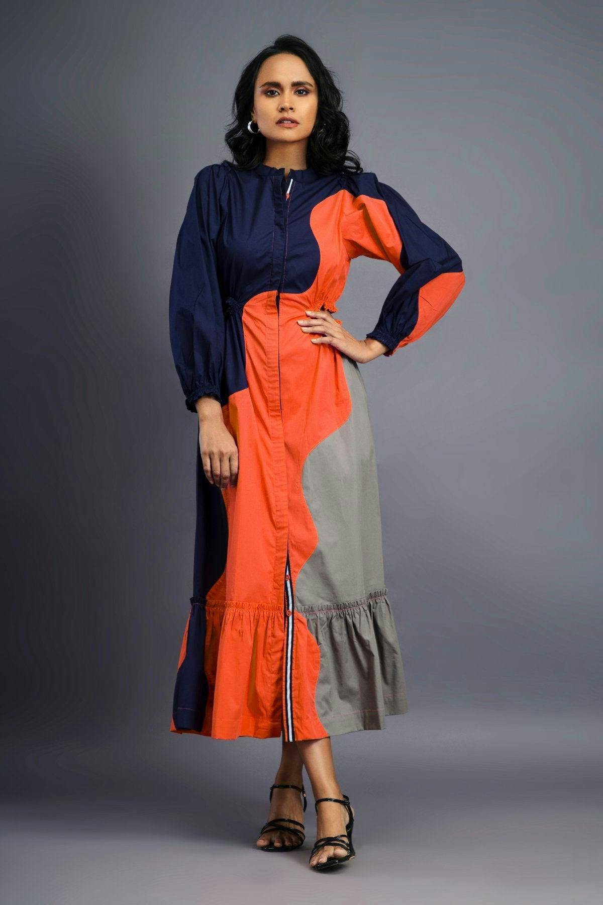 Navy Blue Orange Maxi Shirt Dress, a product by Deepika Arora