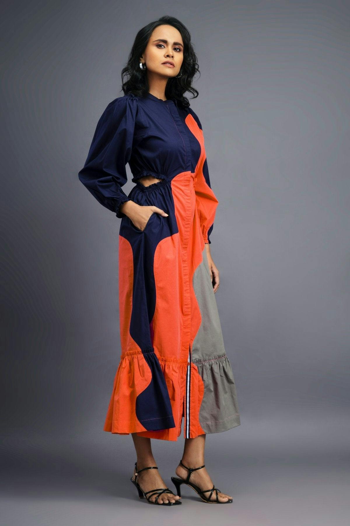 Thumbnail preview #1 for BB-1107-OG - Navy Blue Orange Maxi Shirt Dress