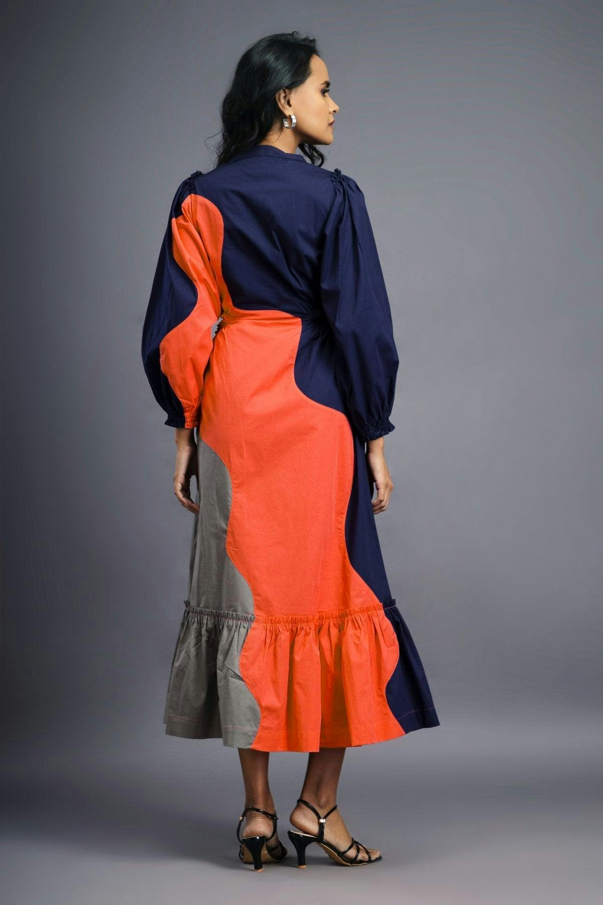 Thumbnail preview #2 for BB-1107-OG - Navy Blue Orange Maxi Shirt Dress
