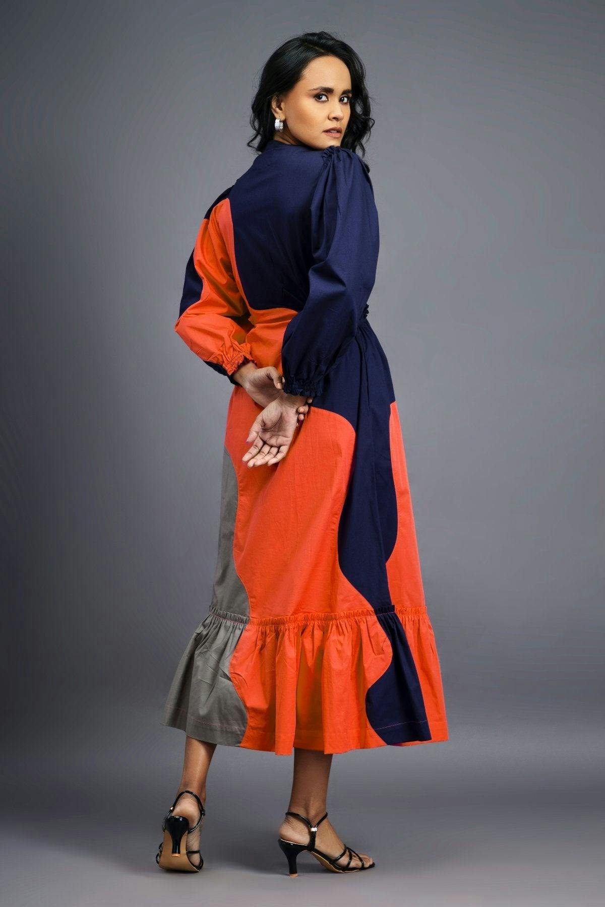 Thumbnail preview #4 for BB-1107-OG - Navy Blue Orange Maxi Shirt Dress