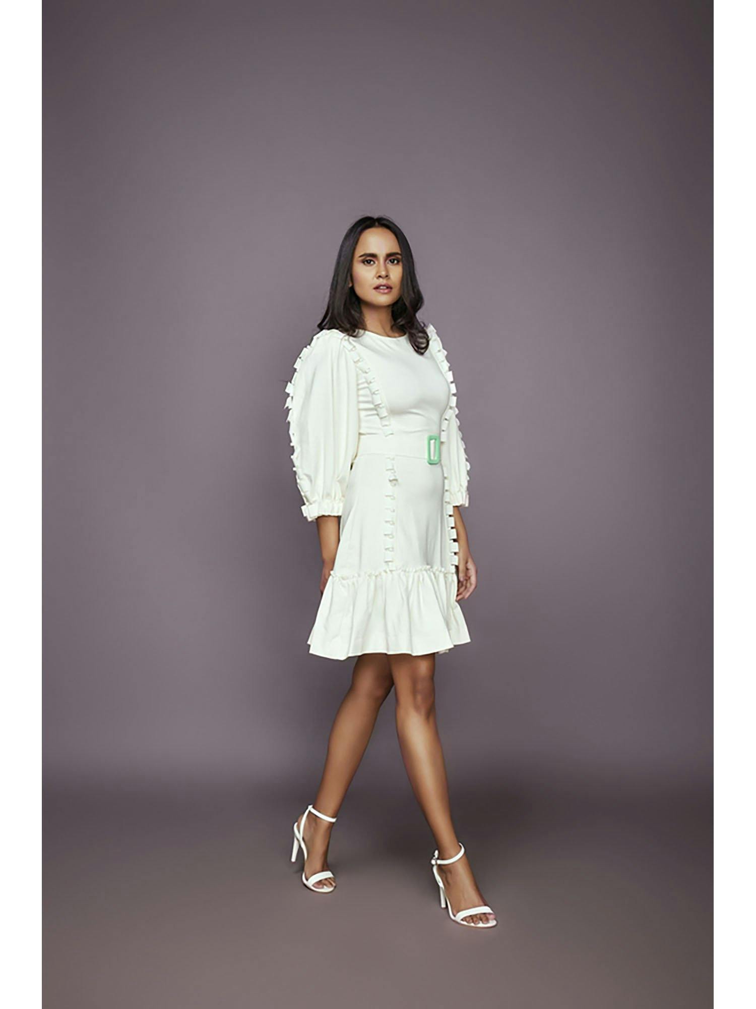White ruffle backless dress with cutwork NN-1106-W, a product by Deepika Arora