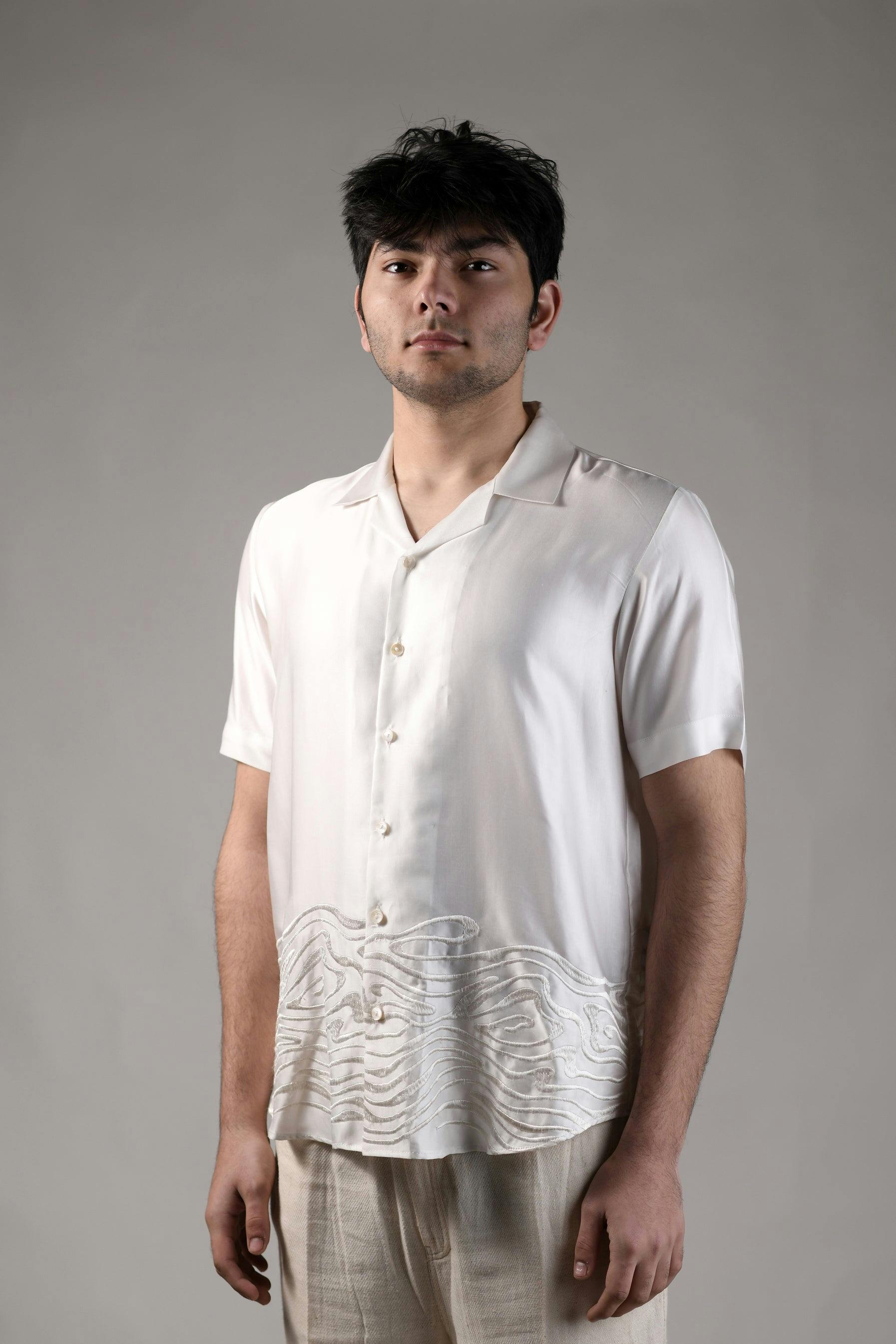 Waves | White | Unisex Lounge Shirt, a product by Ananya - The Label