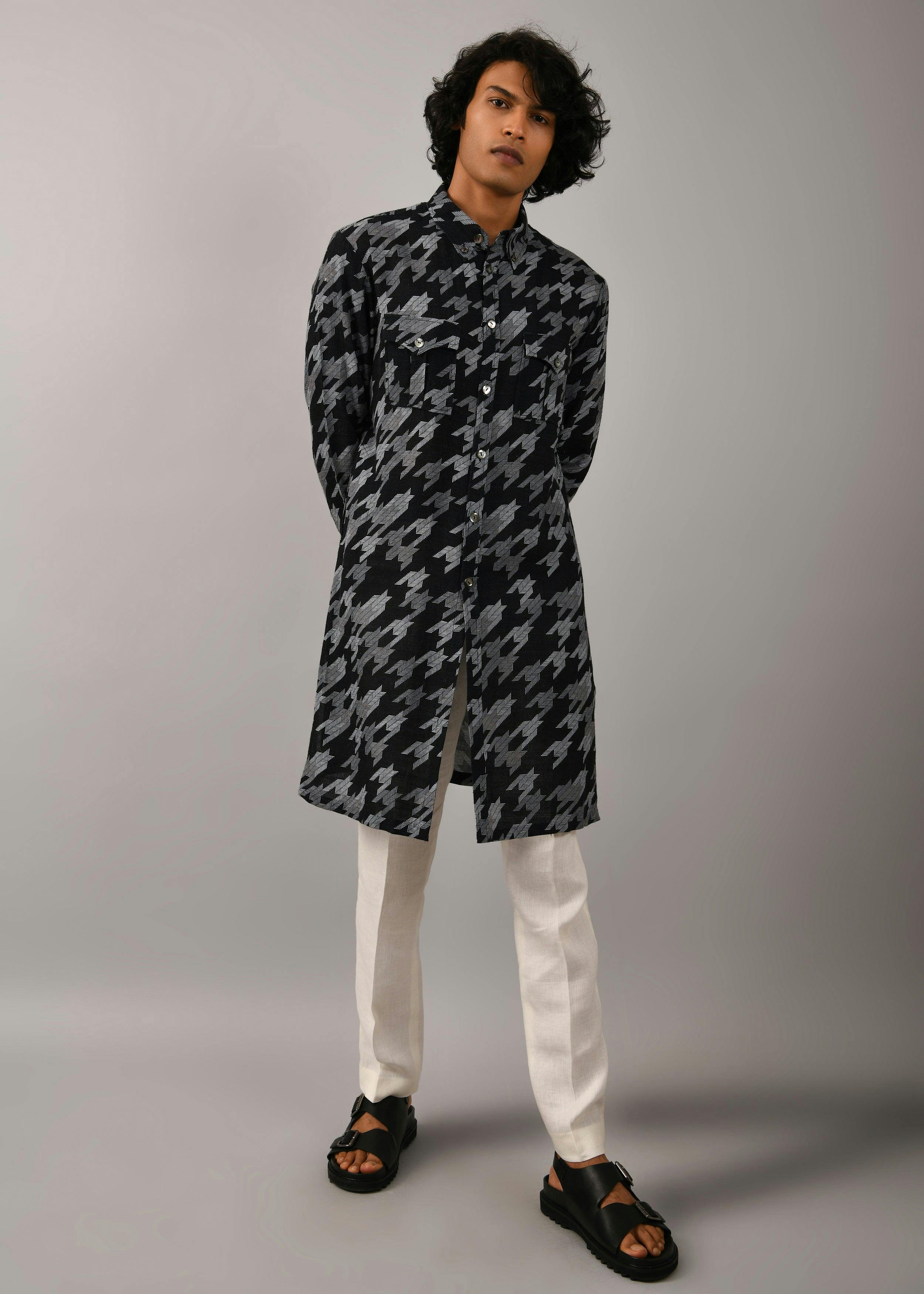 Houndstooth Front Open Printed Kurta, a product by Country Made
