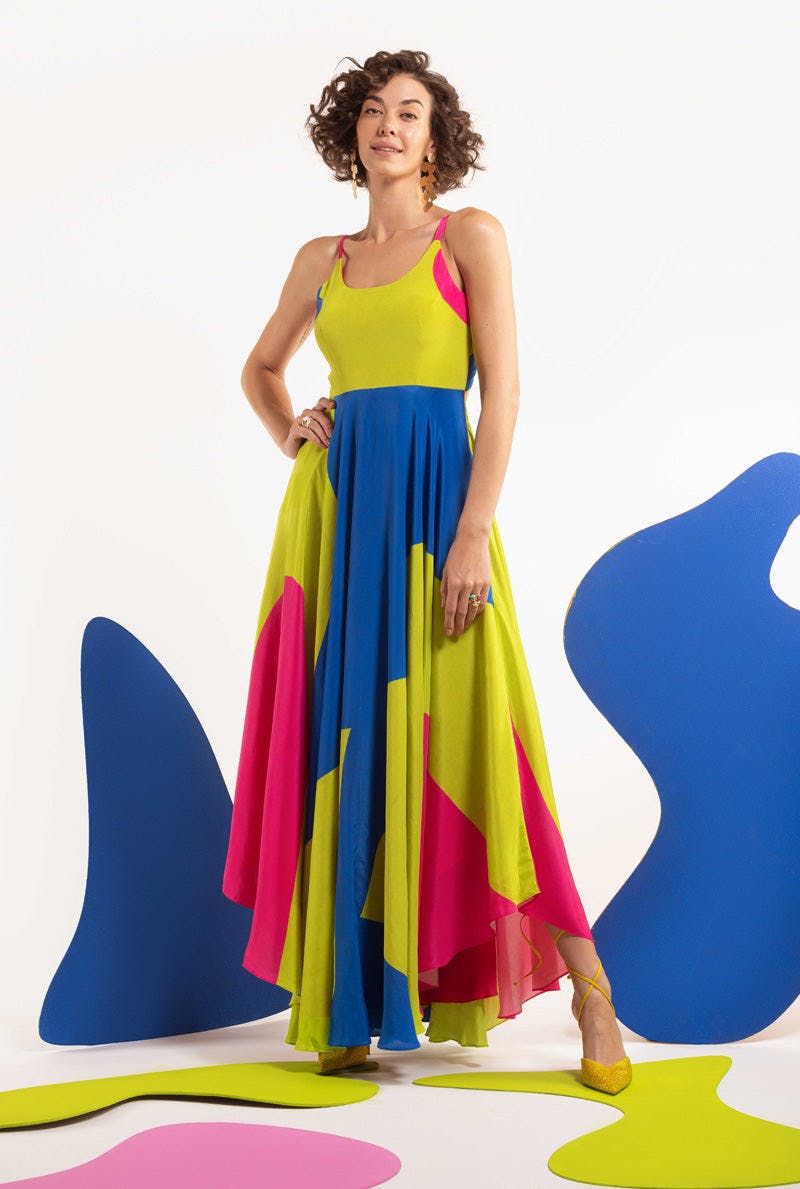 Thumbnail preview #0 for Lime-hot pink-blue Women Back tie up high low maxi  - DOPAMINE