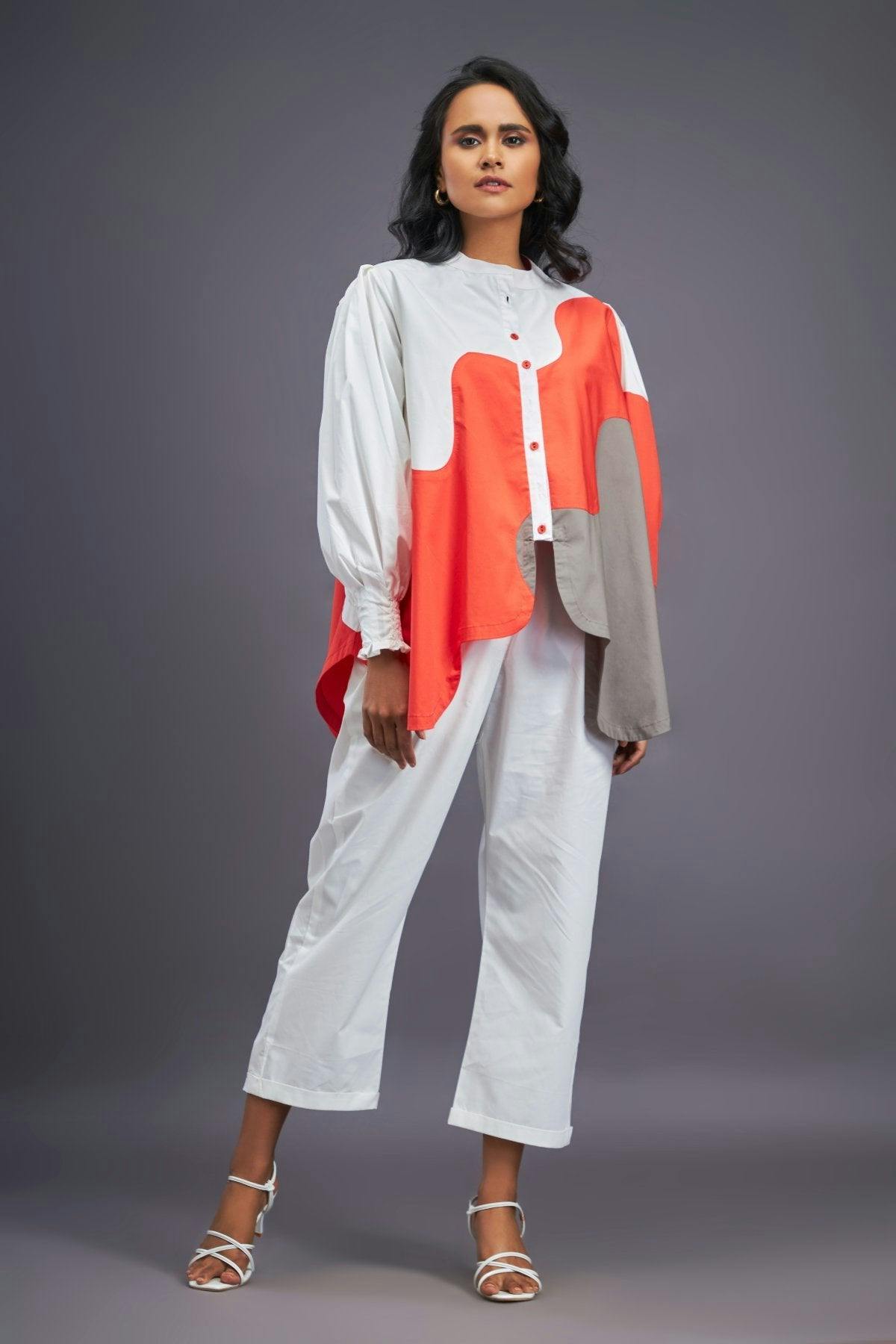 BB-1111-OG - White Orange Shirt With Curve Cut Pattern, a product by Deepika Arora