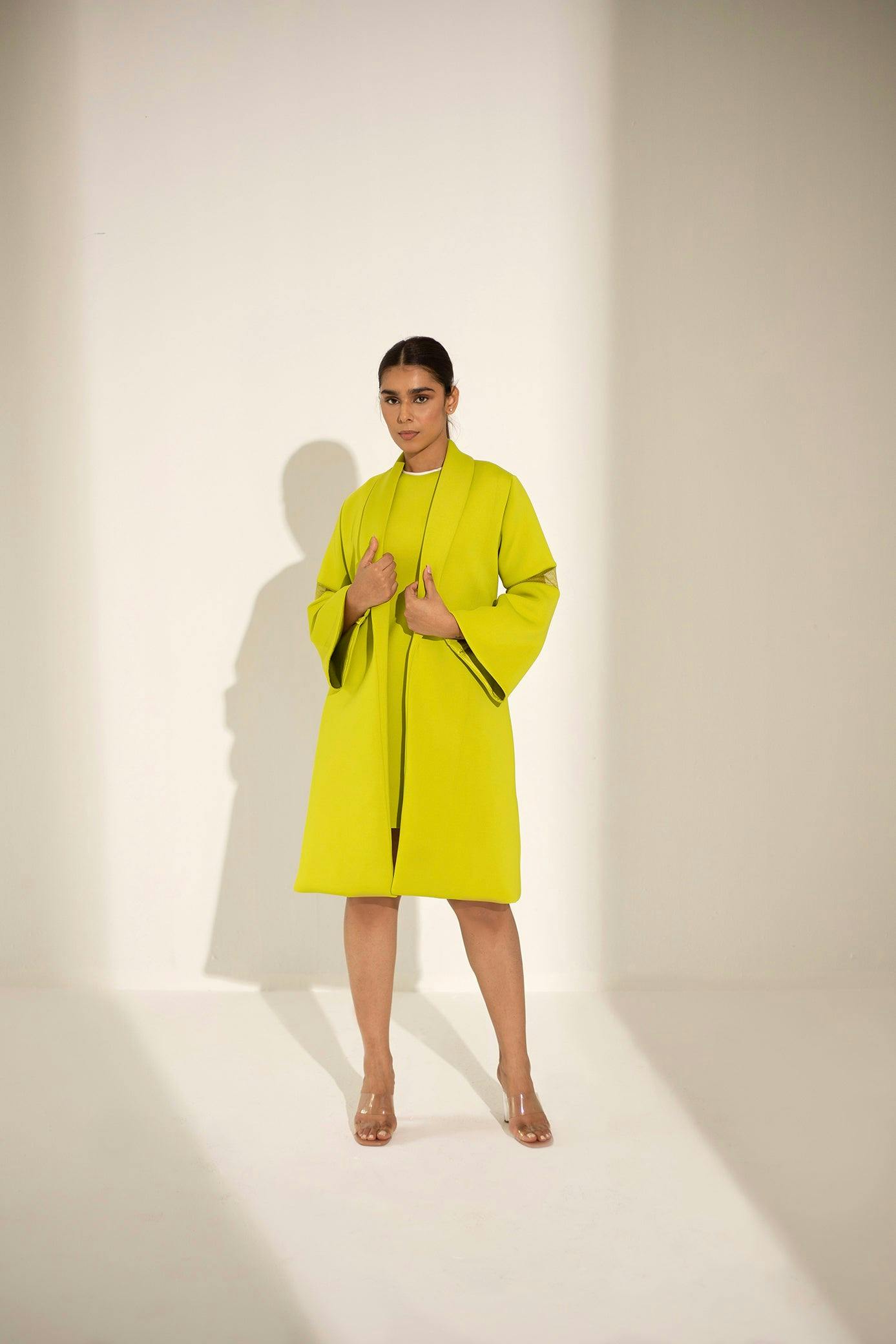 Lime green coat set, a product by Kritika Madan