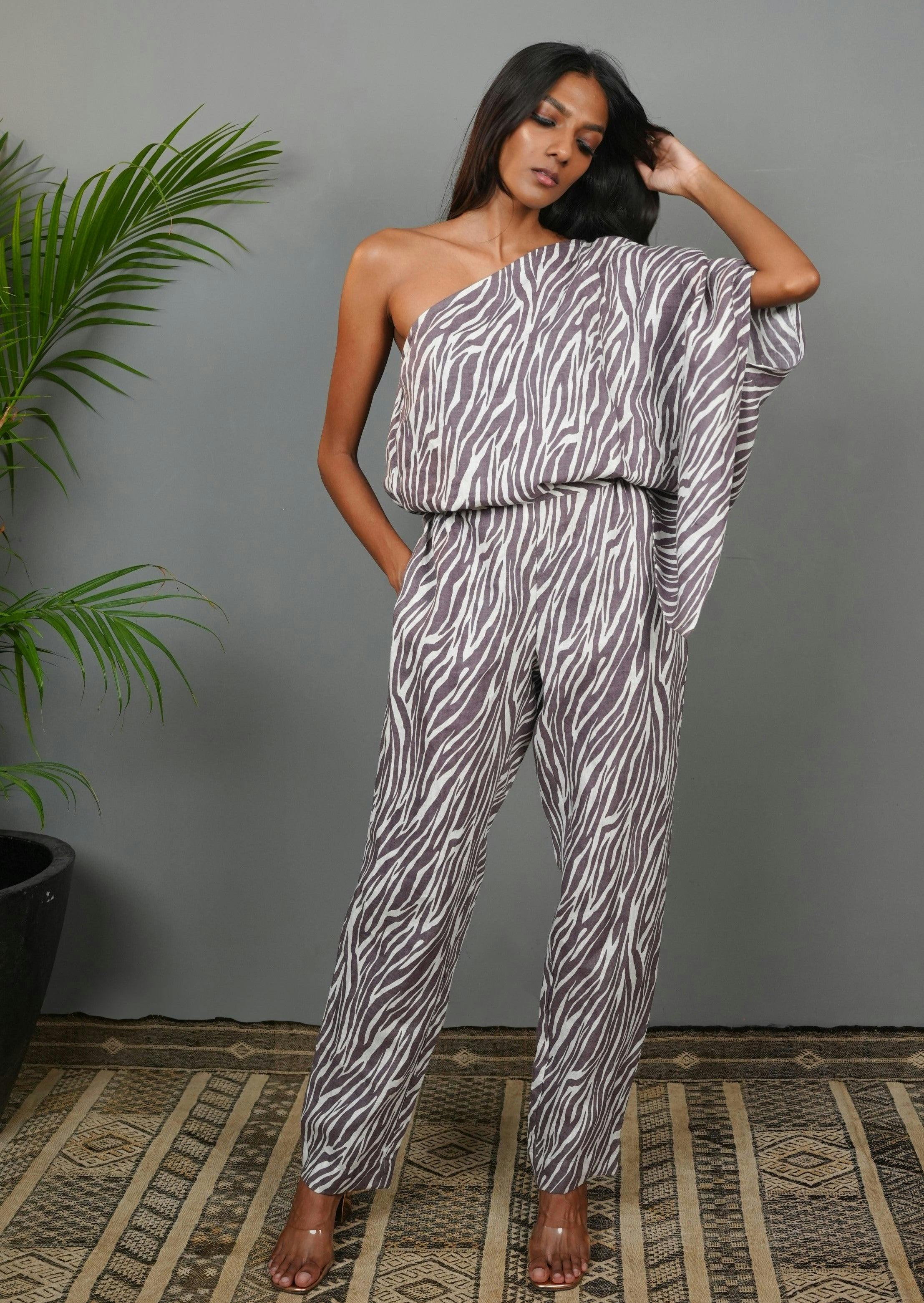 One Shoulder Jumpsuit - Taupe Tiger, a product by Azurina