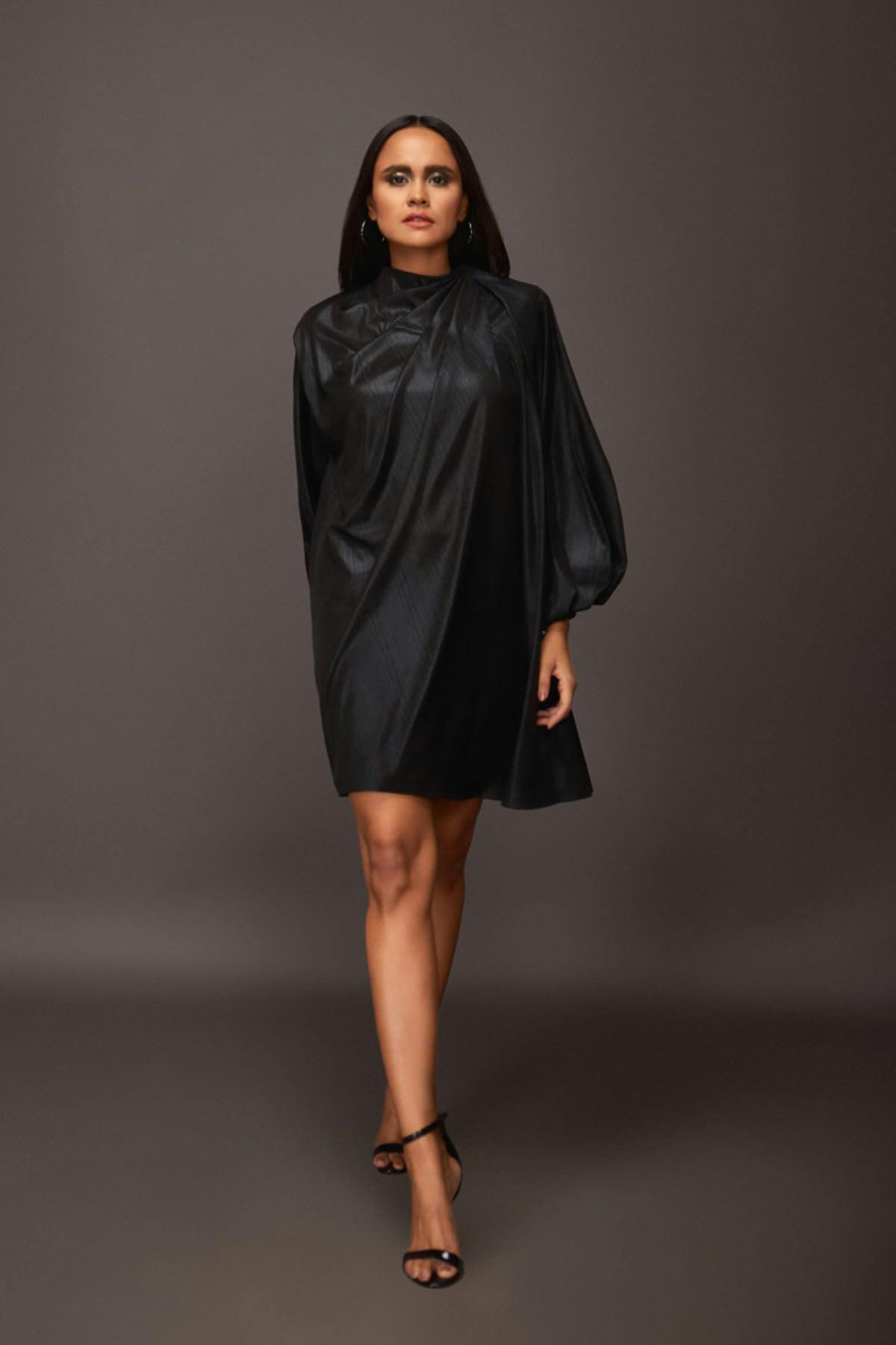 LH-1116 - Black Close Neck With Pleating Detail Metallic Foil Short Dress, a product by Deepika Arora