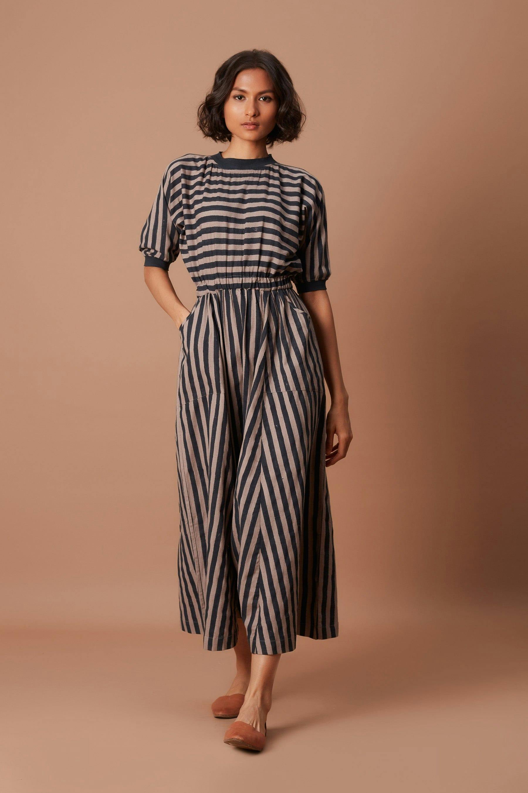 Grey and Charcoal Striped Mati Sphara Jumpsuit, a product by Style Mati