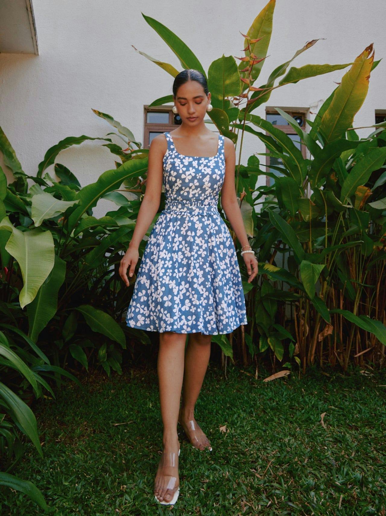 blue blooms printed fit and flare dress, a product by tara and i