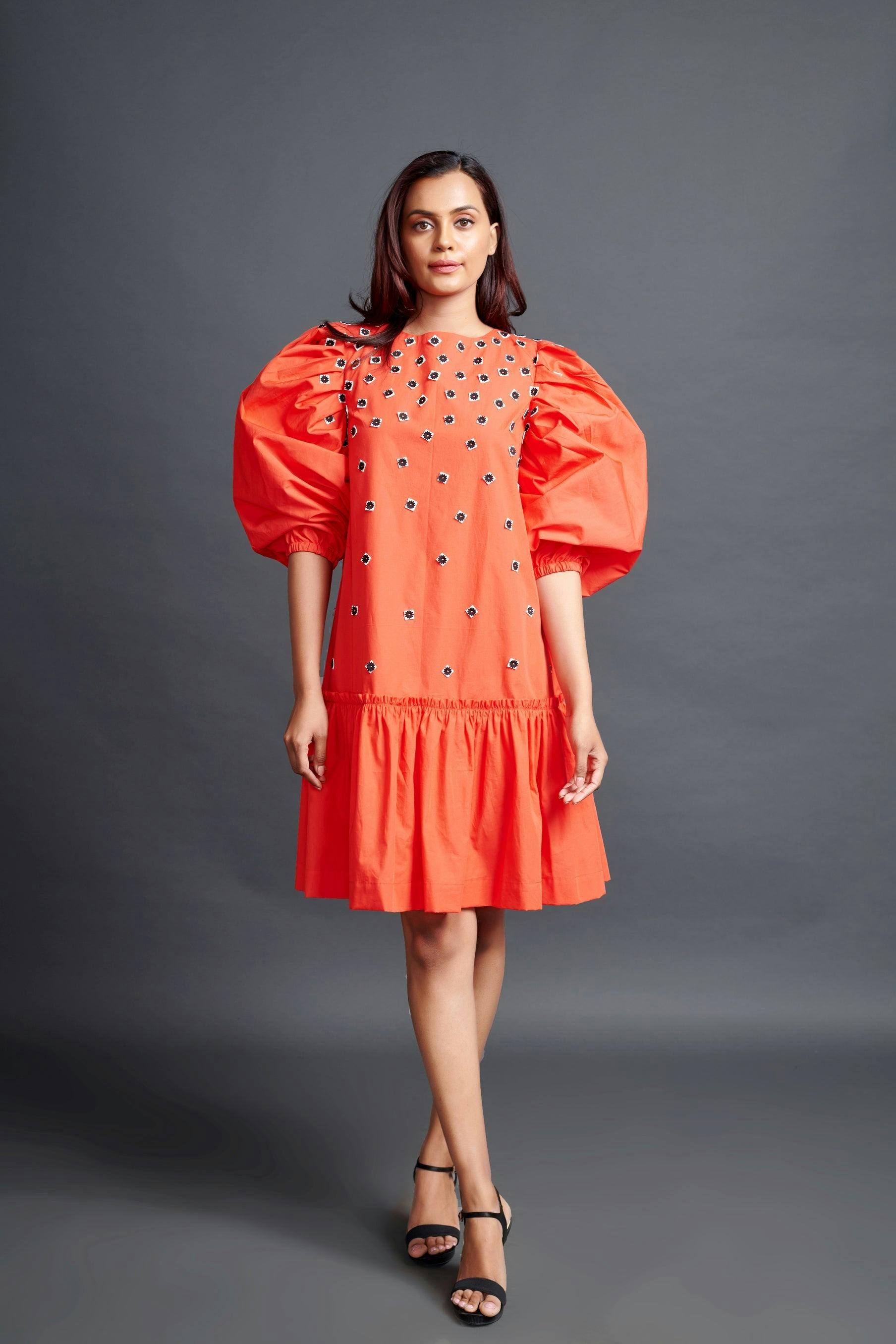 WF-1102-ORANGE ::: Orange Short Backless Dress With Embroidery, a product by Deepika Arora