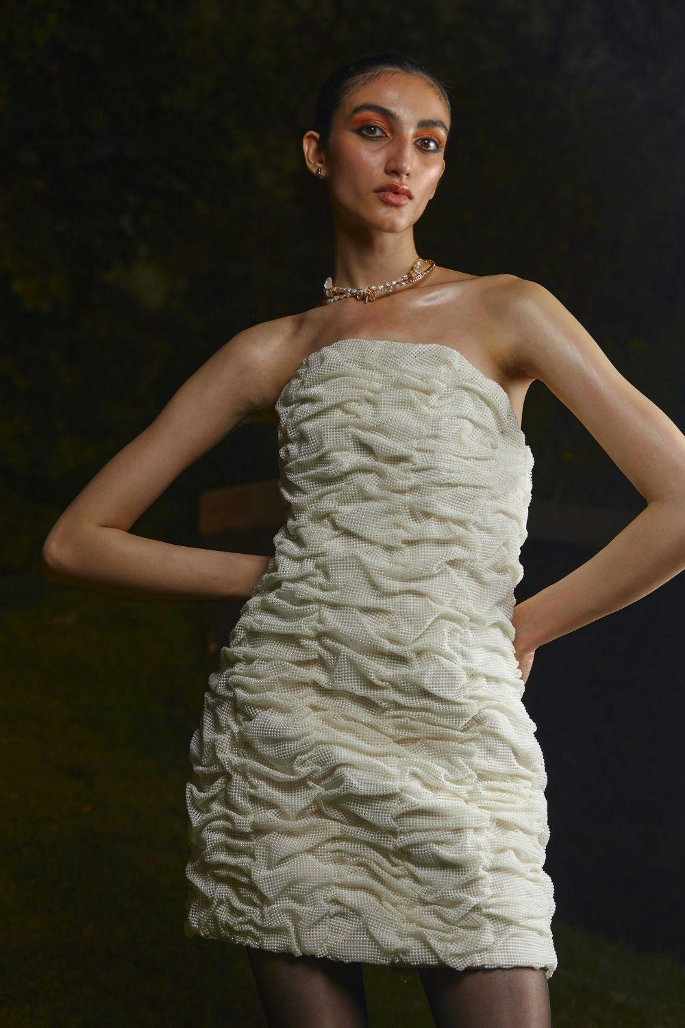 Thumbnail preview #0 for Hand Ruched Ivory Pearl Dress