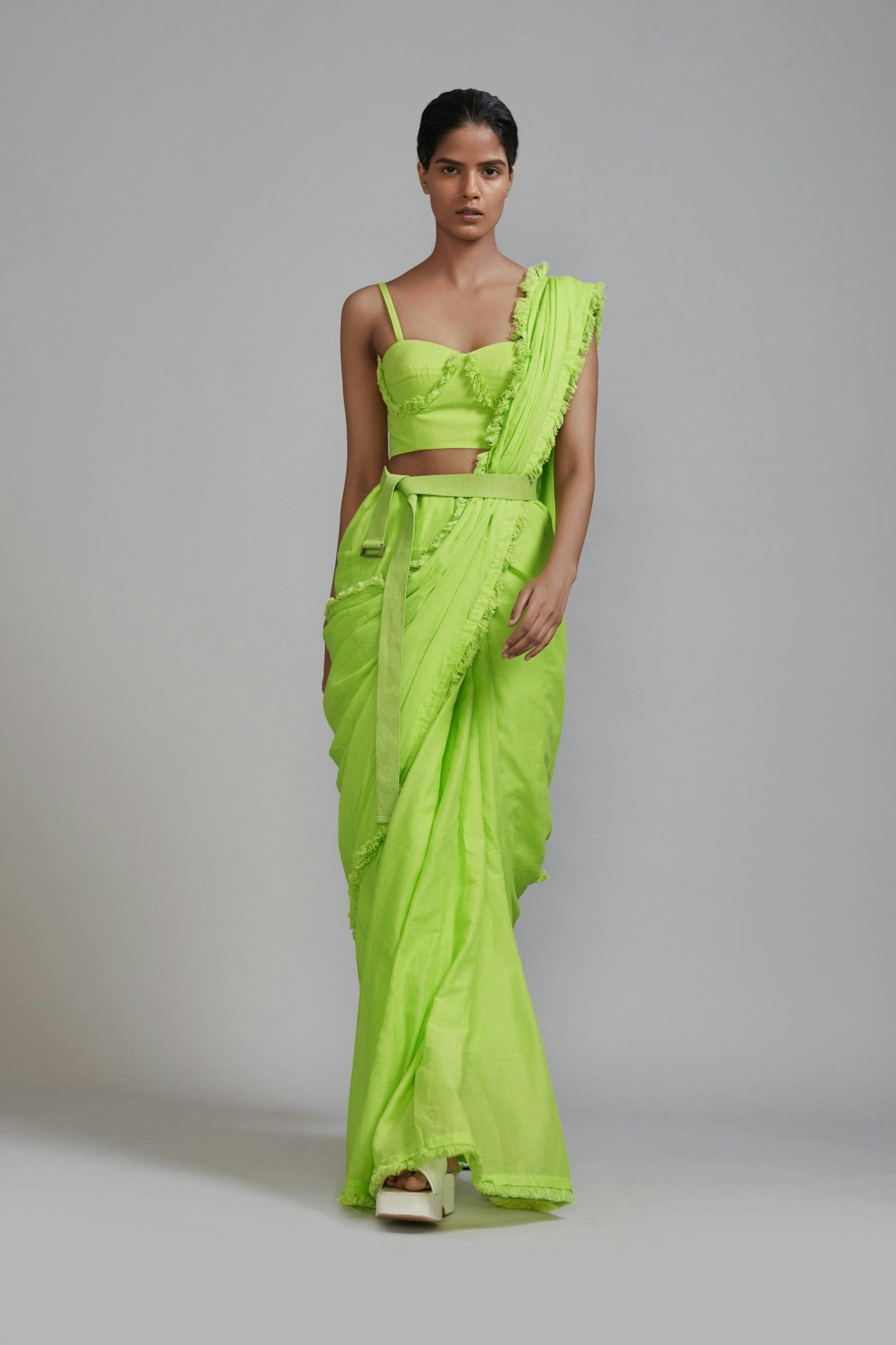 Neon Green Saree & Fringed Corset Set (2 PCS), a product by Style Mati