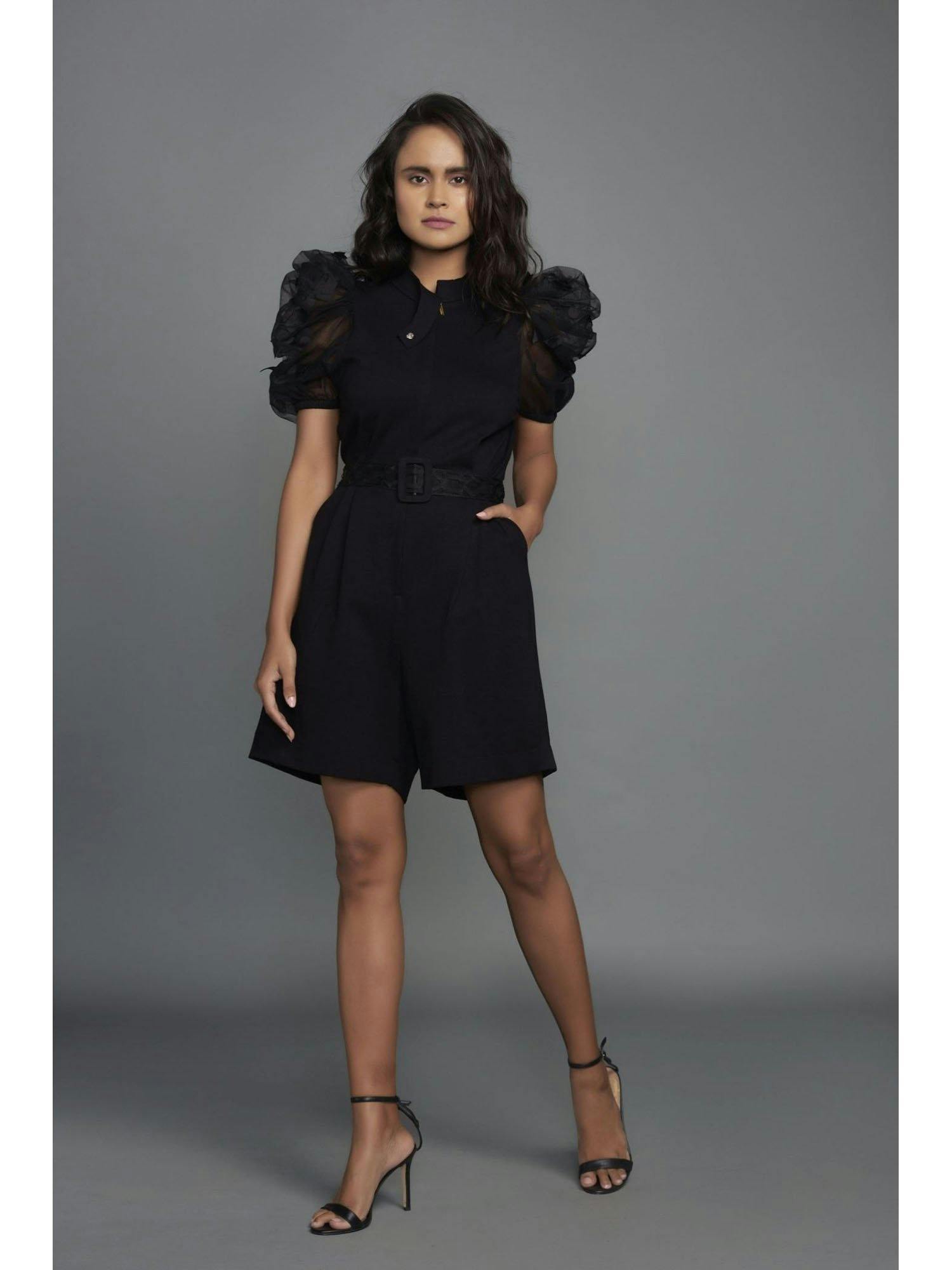 black playsuit with patchwork detailing and belt, a product by Deepika Arora
