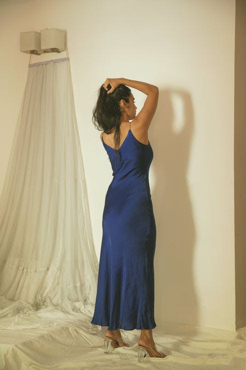 Thumbnail preview #2 for Midnight Blue Cupro Satin Slip Dress With Handcrafted Straps