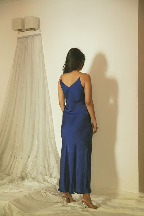 Thumbnail preview #1 for Midnight Blue Cupro Satin Slip Dress With Handcrafted Straps