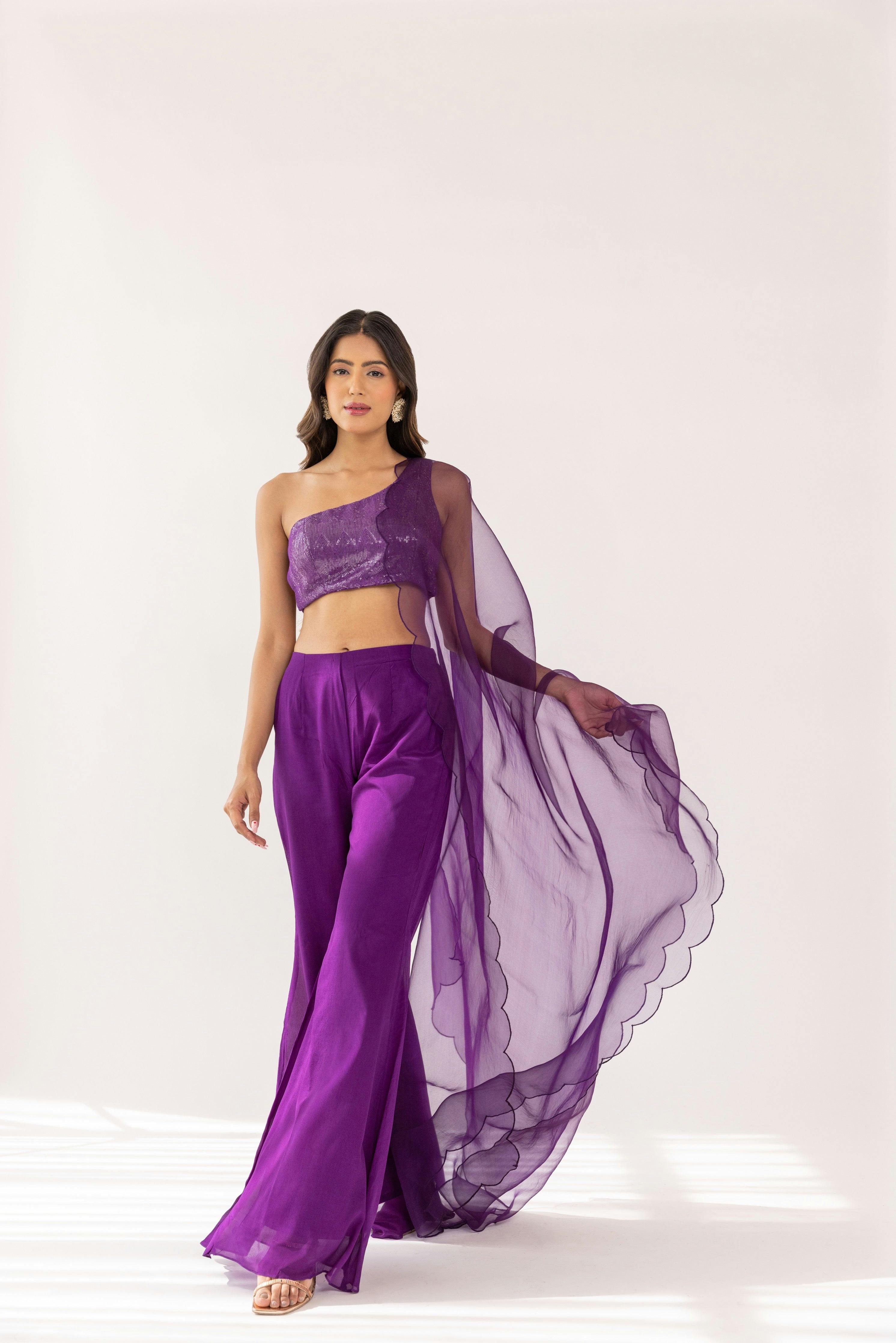 Thumbnail preview #0 for Jaya One Shoulder Crop Top & Pallazo Set With Dupatta