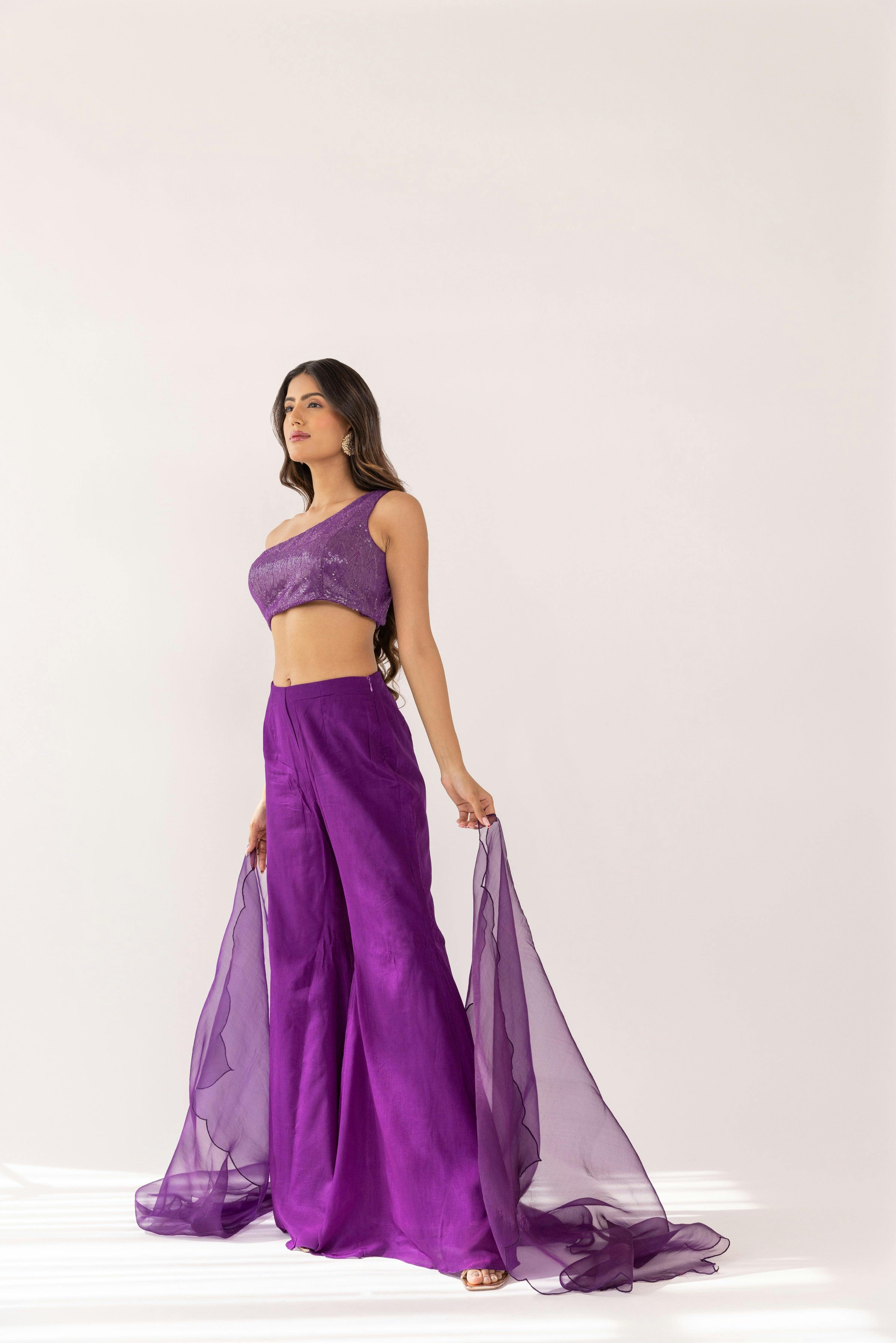 Thumbnail preview #2 for Jaya One Shoulder Crop Top & Pallazo Set With Dupatta