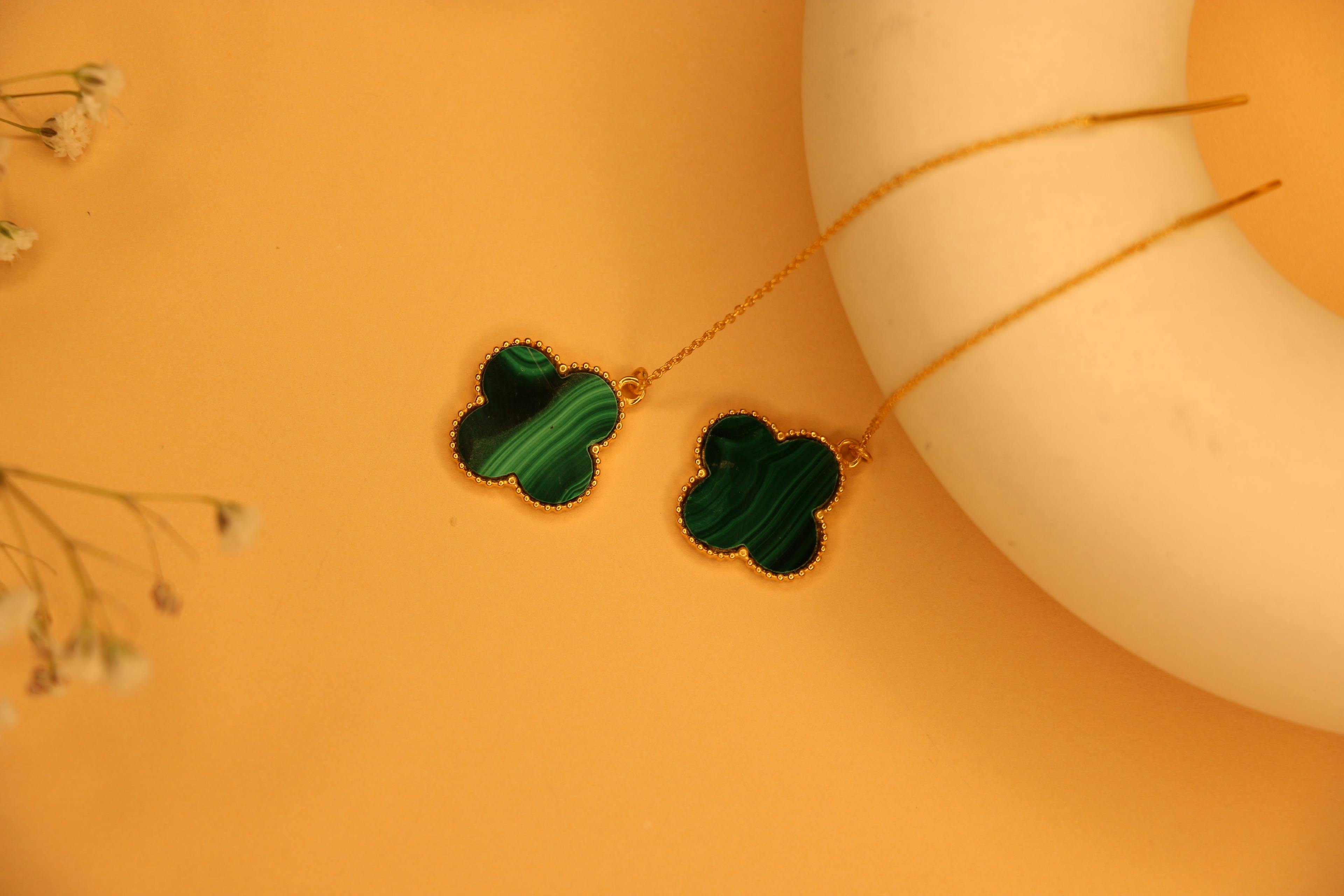 Malachite clover threader earrings, a product by The Jewel Closet Store