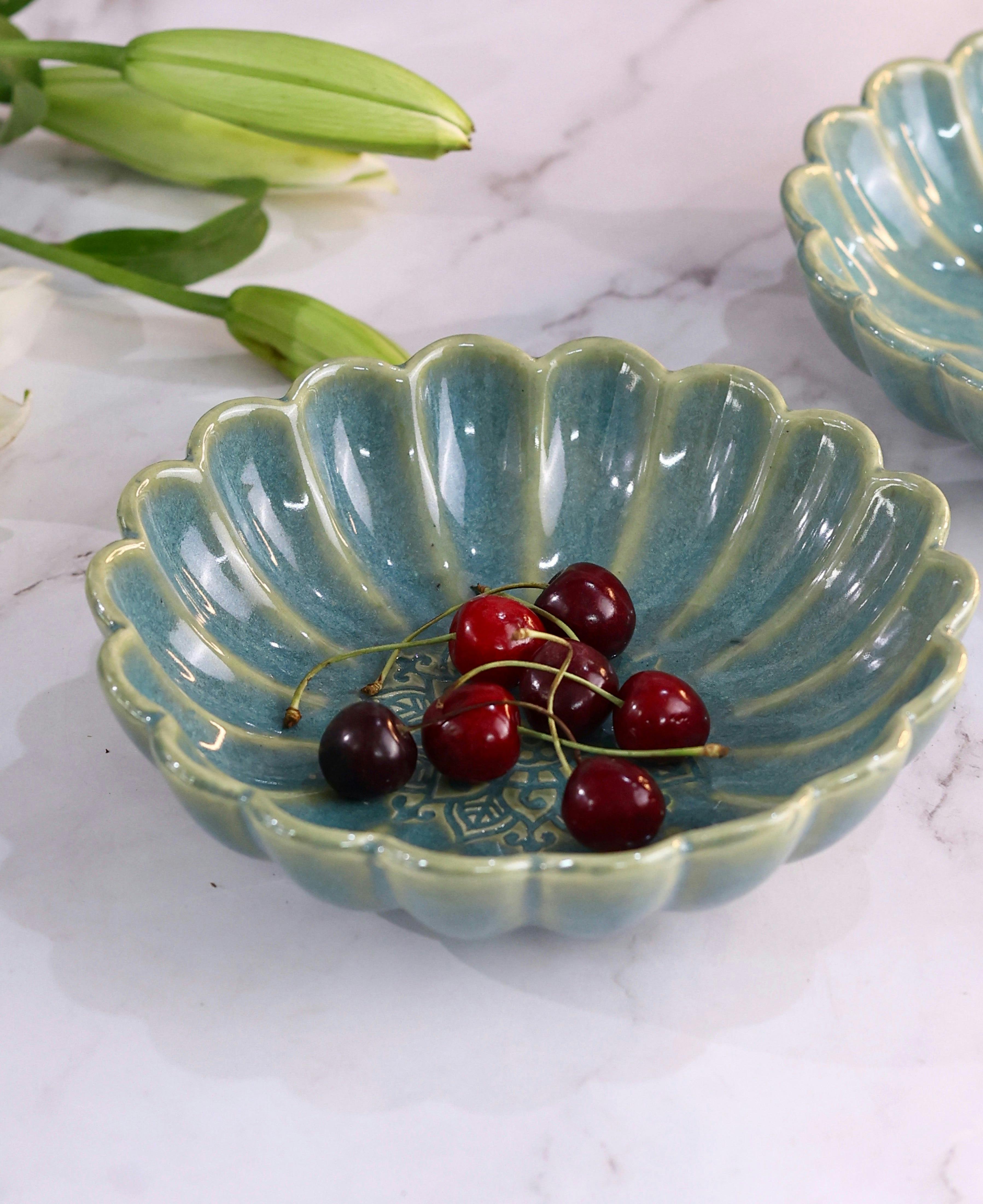 Green Scalloped Studio Pottery Shallow Bowl, a product by Olive Home accent