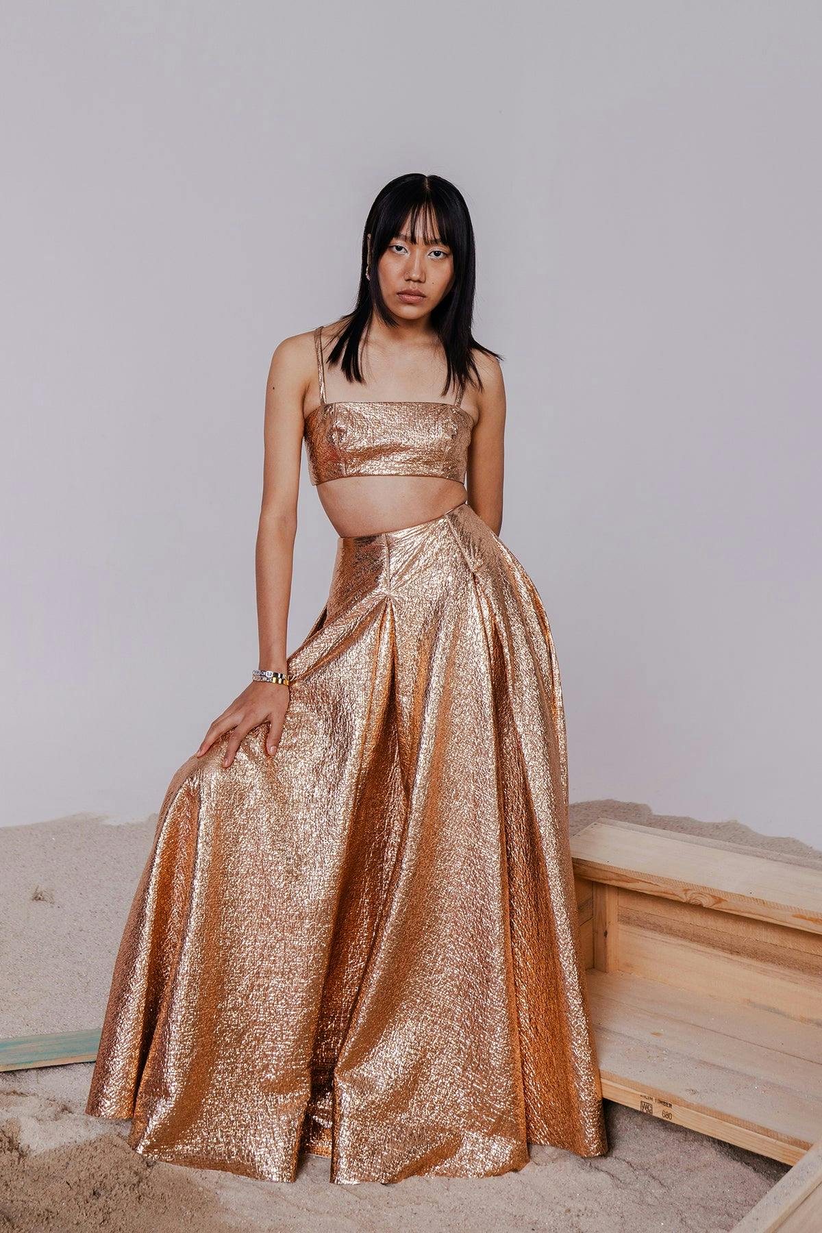 CHIARA BRONZE METALLIC BRALETTE & LONG SKIRT, a product by July Issue