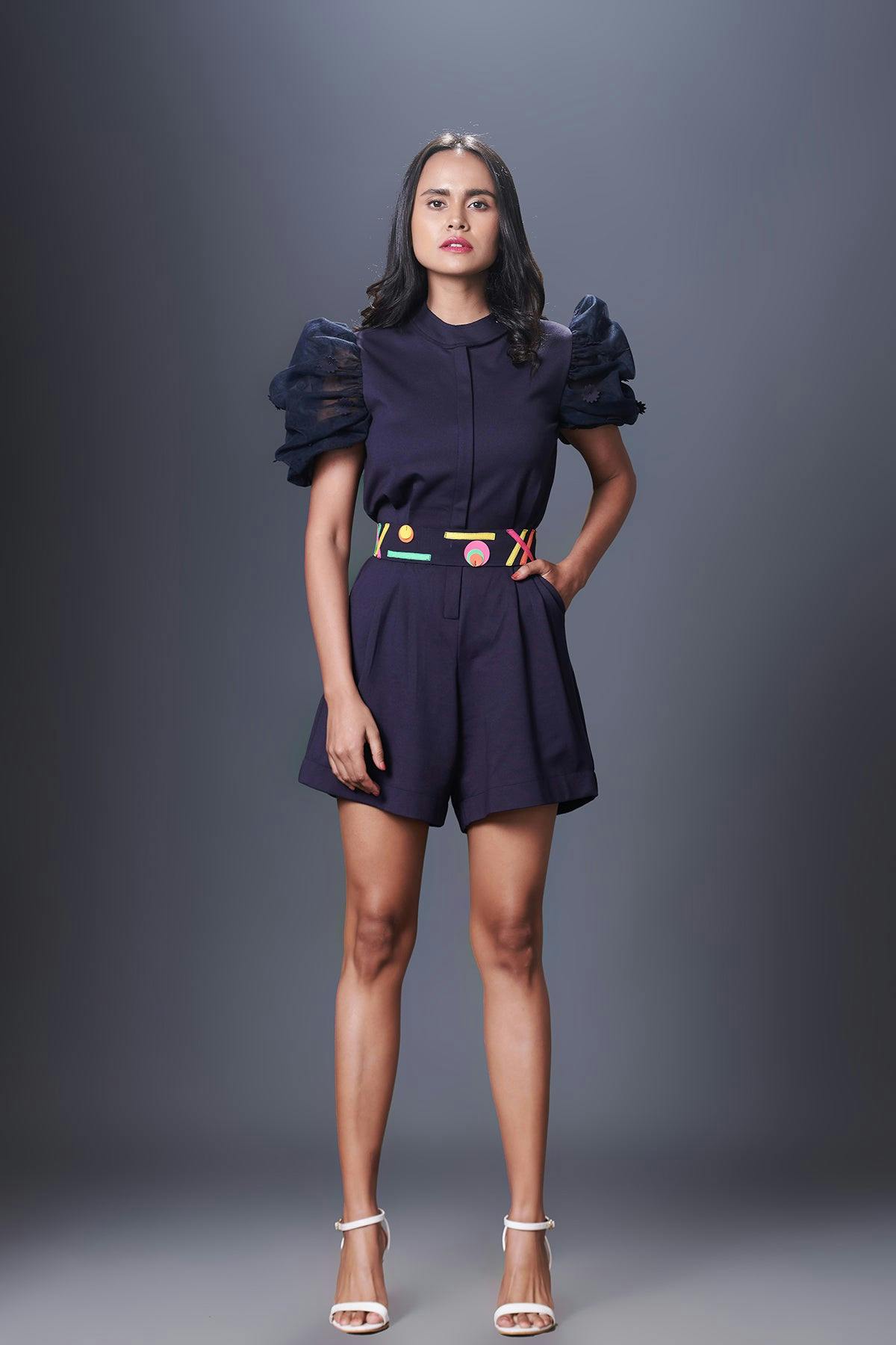 Puffed Net Sleeves Playsuit With Front Open Metal Zip Comes With Belt, a product by Deepika Arora