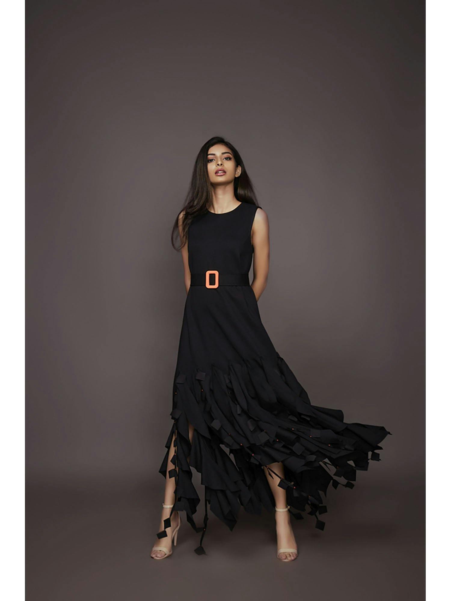 Black ruffled dress with neon detailing NN-1117, a product by Deepika Arora
