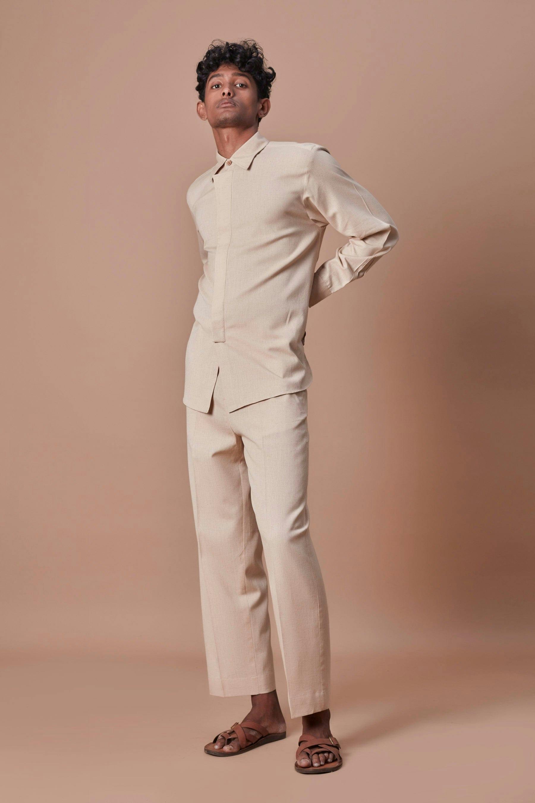 Mati Beige Placket Shirt & Ankle Pant Set (2 PCS), a product by Style Mati