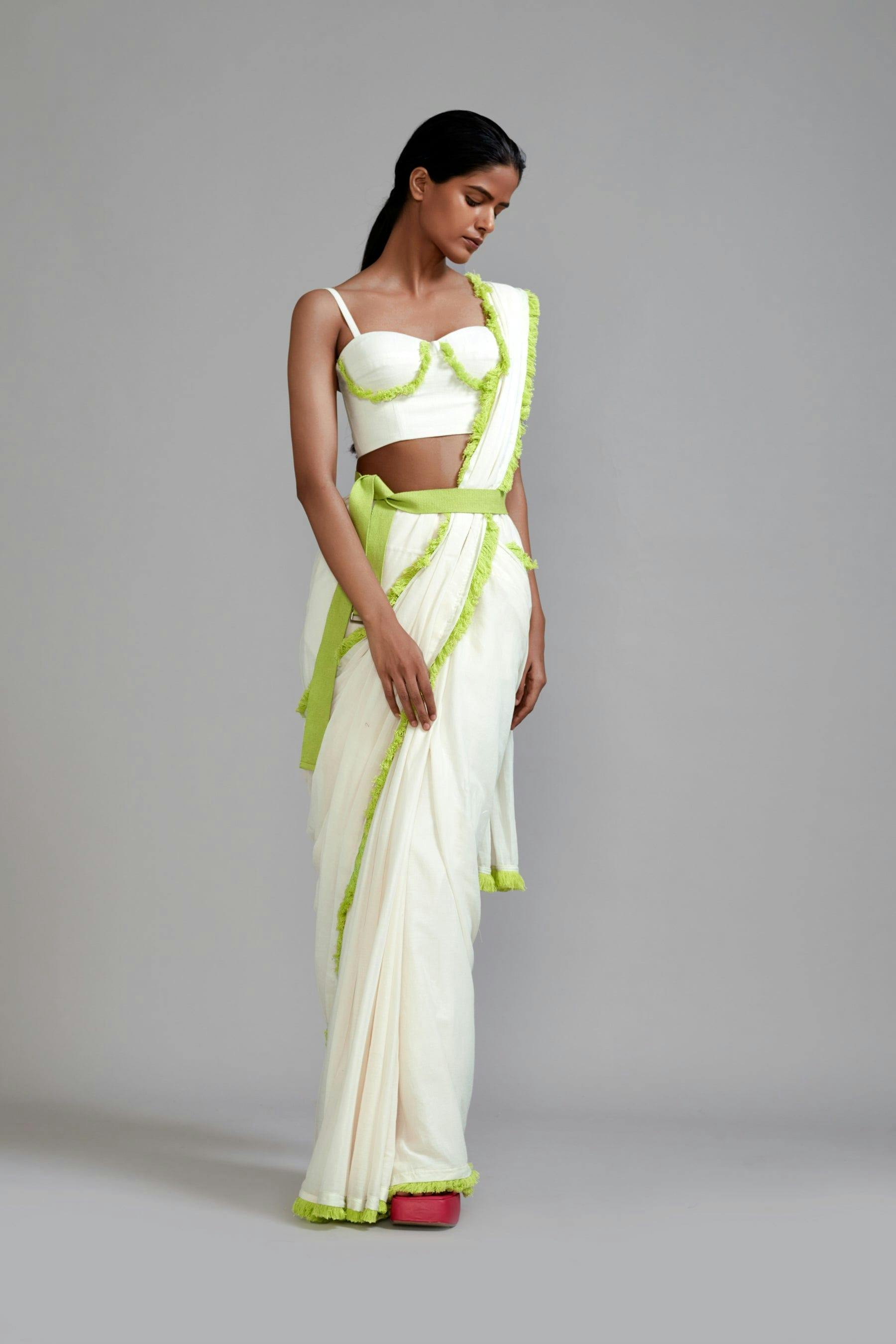 Thumbnail preview #1 for Off-White with Neon Green Saree & Fringed Corset Set (2 PCS)