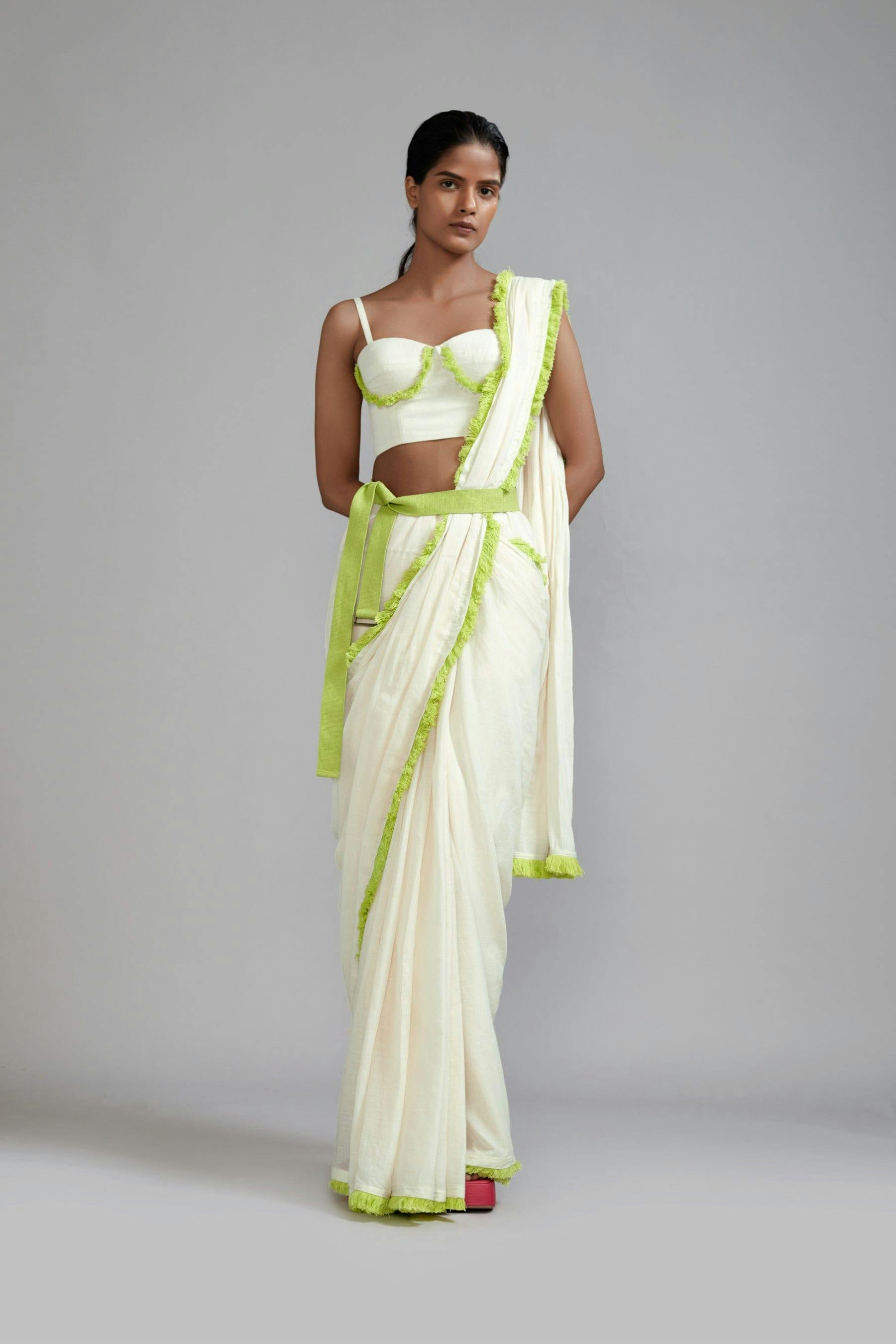 Thumbnail preview #0 for Off-White with Neon Green Saree & Fringed Corset Set (2 PCS)