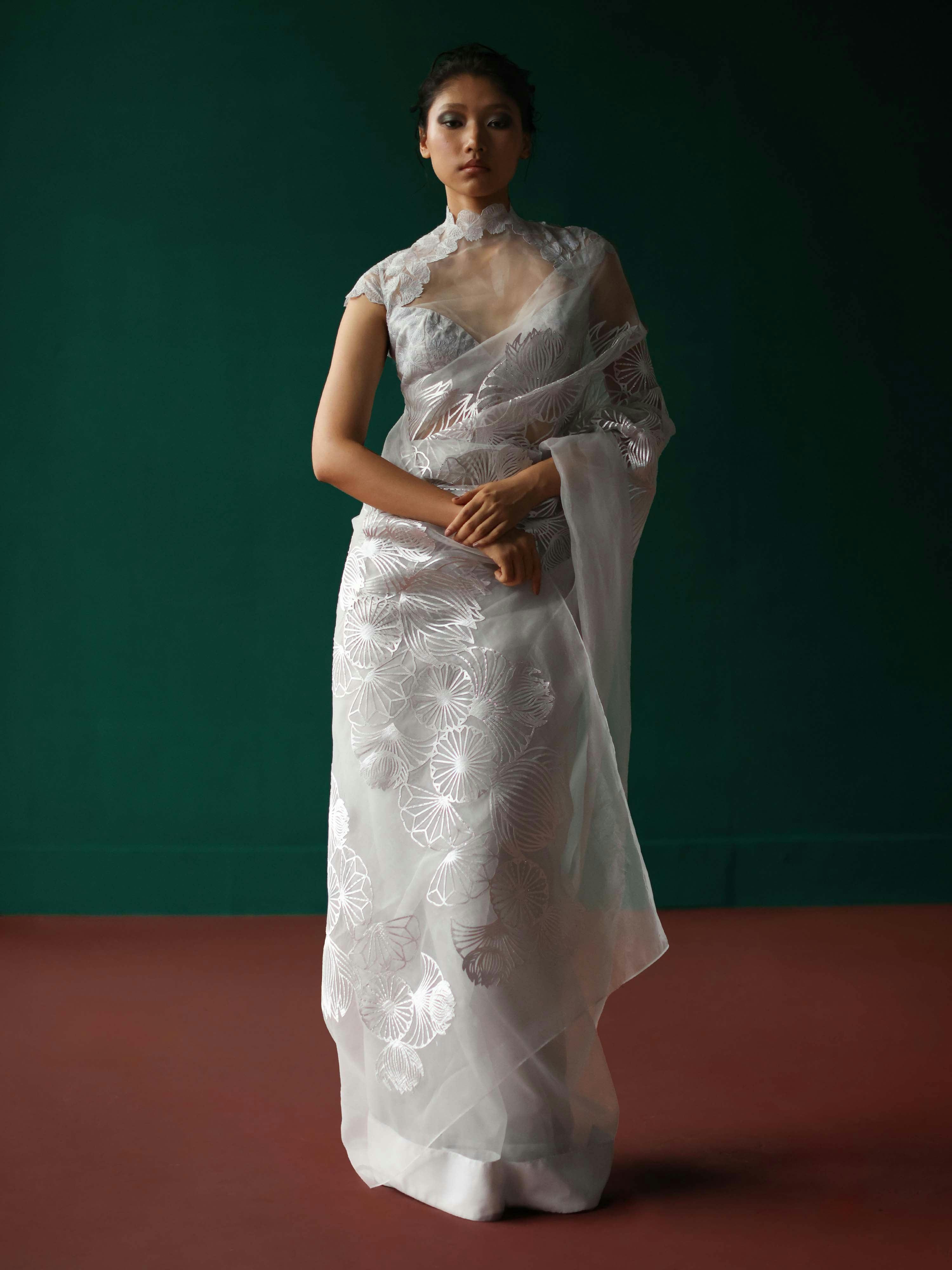 Silver crystal bloom saree, a product by Shriya Khanna