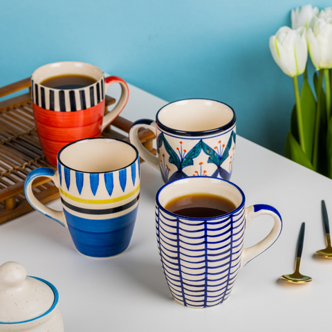 Blue Stripes Hand-Painted on White Color Ceramic Coffee Mug, a product by The Golden Theory