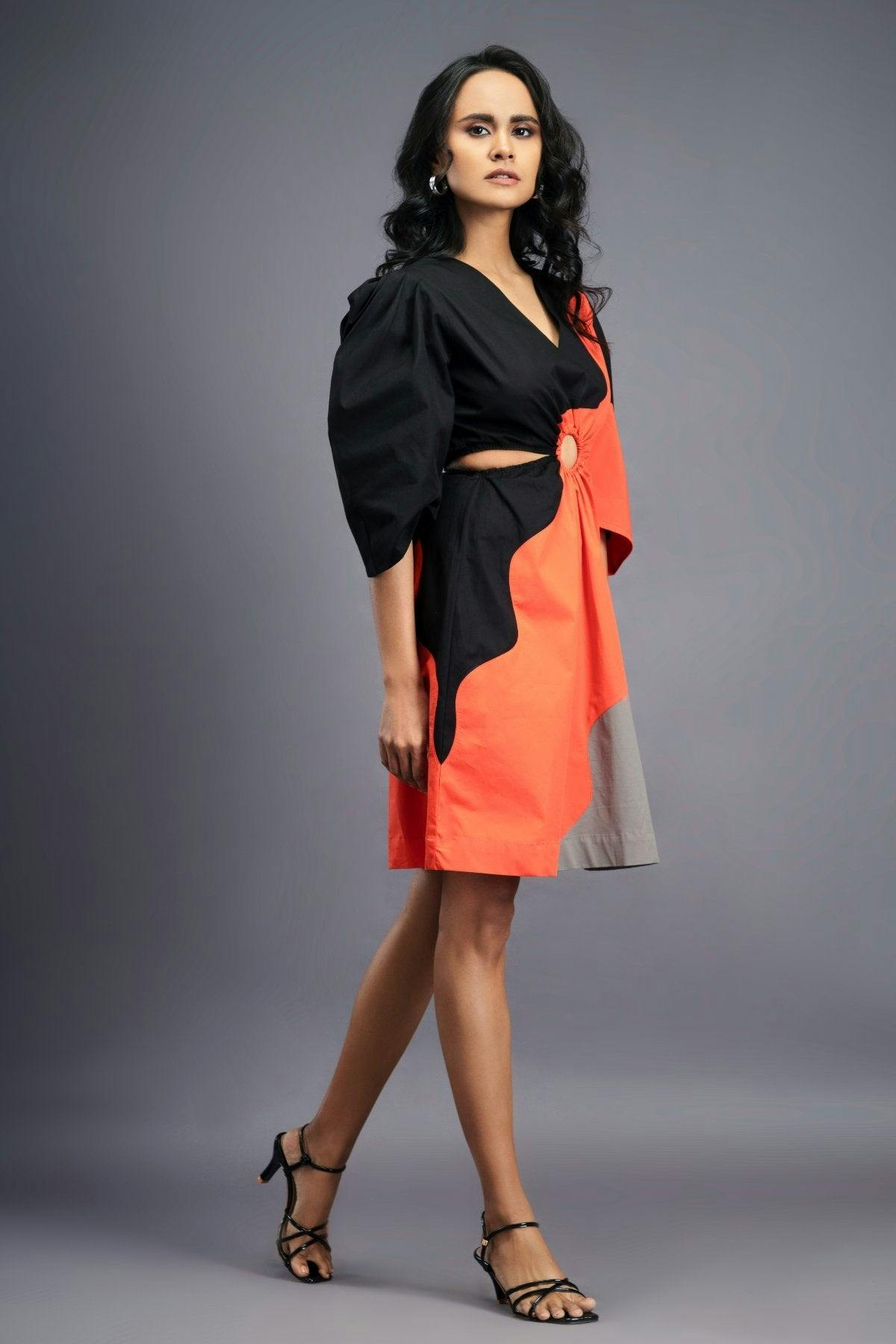 Thumbnail preview #2 for BB-1106-OG - Black Orange Cutout Dress