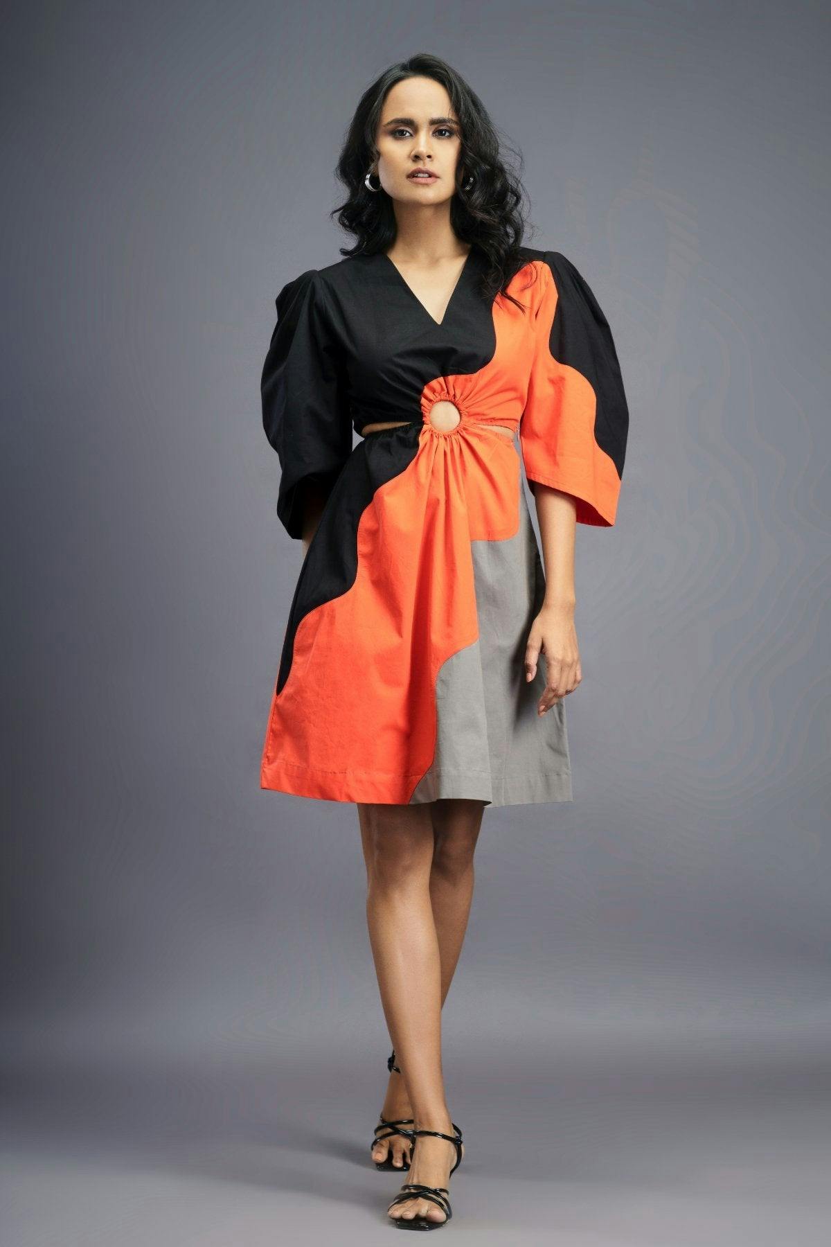 Thumbnail preview #3 for BB-1106-OG - Black Orange Cutout Dress